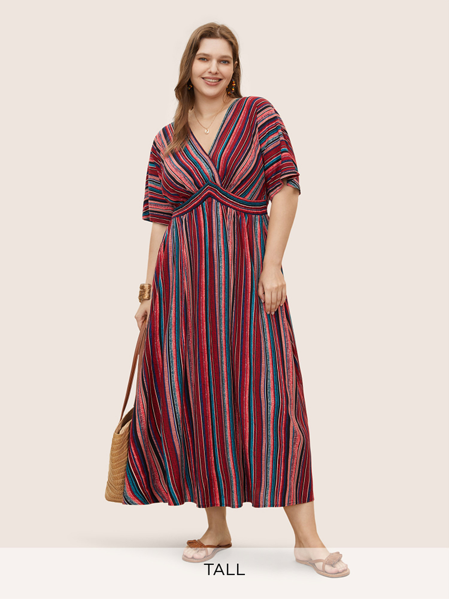 Bloomchic Striped Contrast Dolman Sleeve Shirred Pocket Split Flutter Dress In Multi