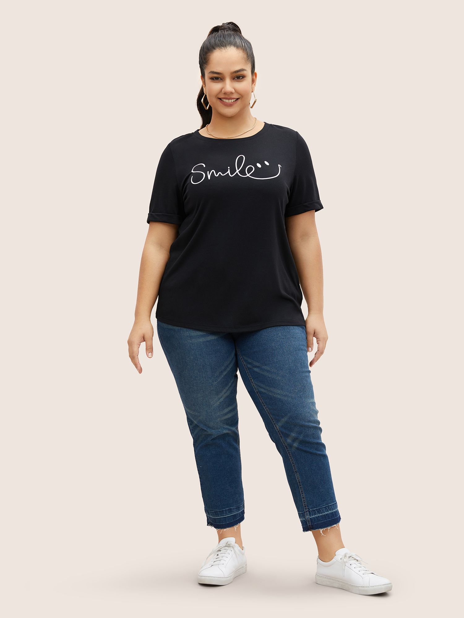 Plus Size Letter Print Round Neck T-shirt Black Women Casual Contrast Round Neck Everyday T-shirts BloomChic 28/5X 