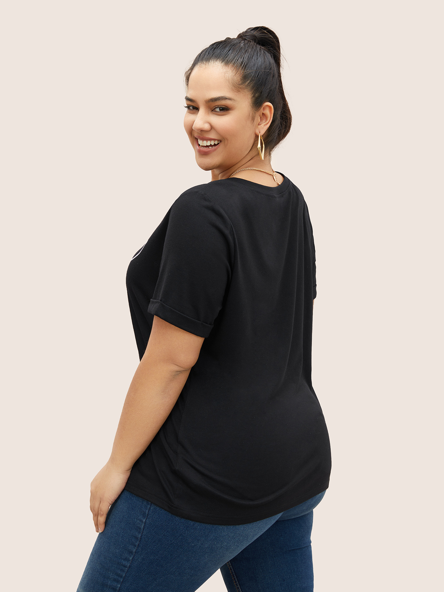 Plus Size Letter Print Round Neck T-shirt Black Women Casual Contrast Round Neck Everyday T-shirts BloomChic 28/5X 