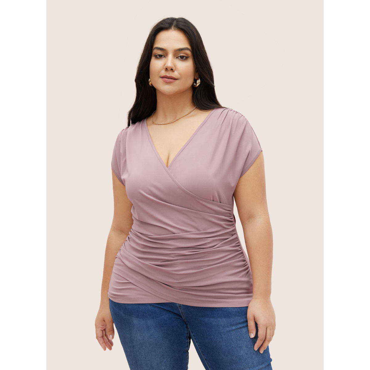 

Plus Size Plain Ruched Overlap Collar Dolman Sleeve Knit Top Mauve Women Elegant Overlapping Deep V-neck Everyday T-shirts BloomChic