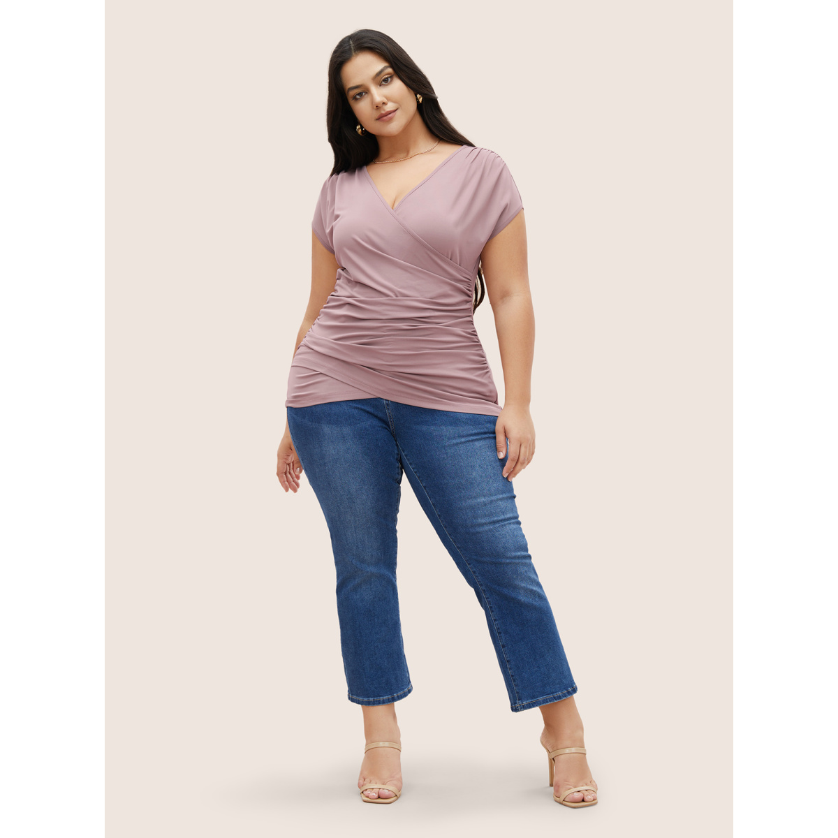 

Plus Size Plain Ruched Overlap Collar Dolman Sleeve Knit Top Mauve Women Elegant Overlapping Deep V-neck Everyday T-shirts BloomChic