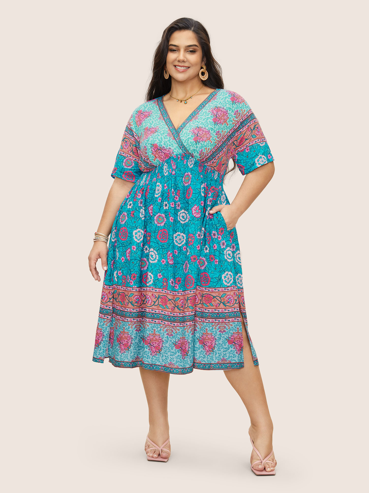 

Plus Size Floral Dolman Sleeve Ruffles Shirred Split Hem Dress Cerulean Women Resort Non V-neck Short sleeve Curvy Midi Dress BloomChic