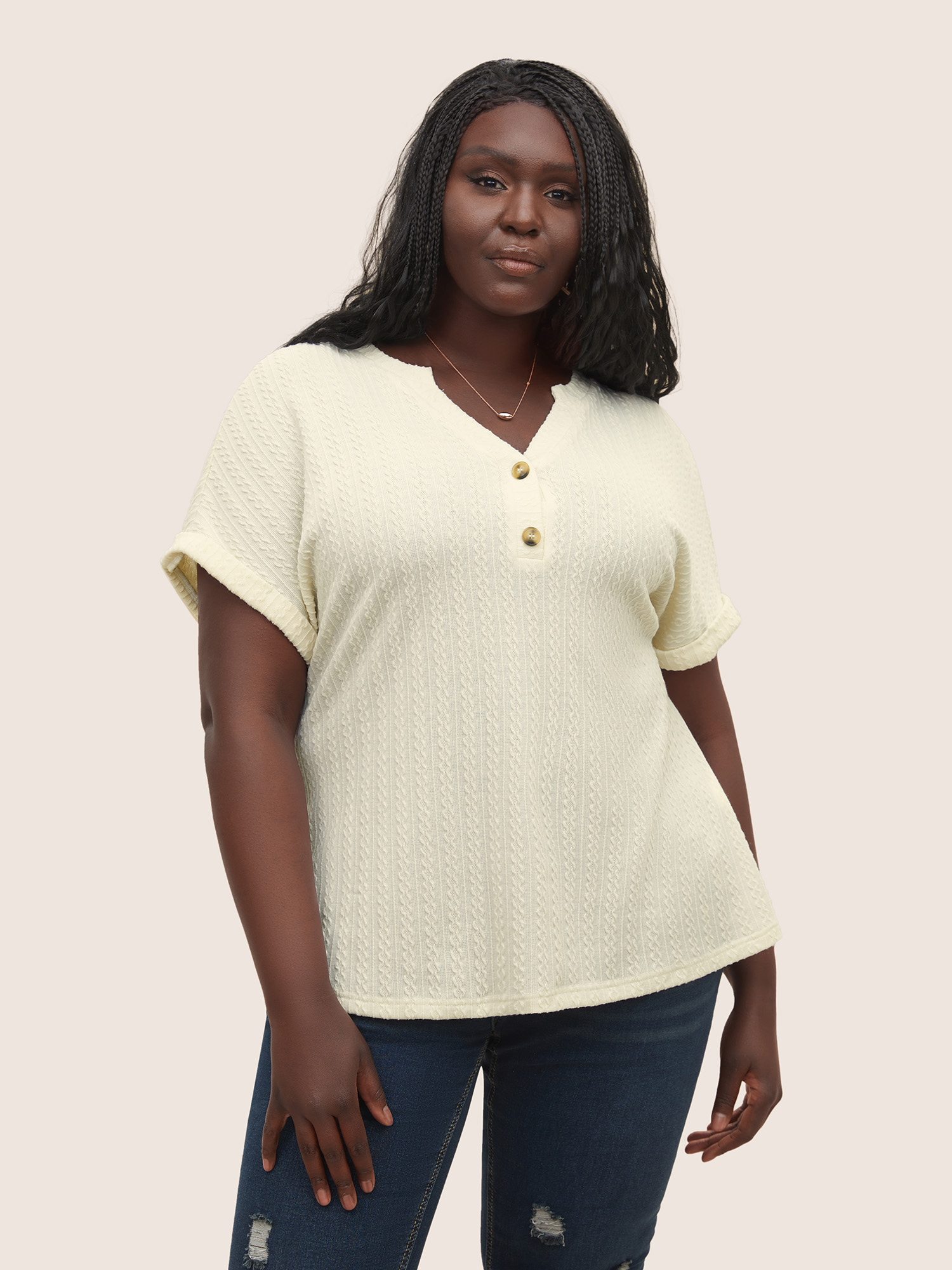 

Plus Size Plisse Dolman Sleeve Button Up T-shirt Beige Women Casual Button Flat collar with V-notch Everyday T-shirts BloomChic
