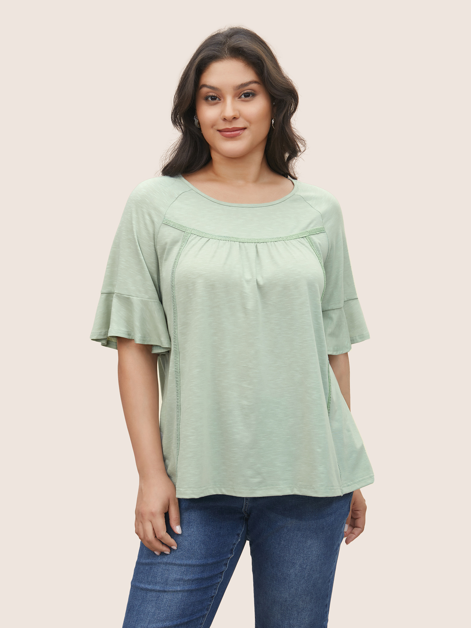 

Plus Size Round Neck Plain Gathered Ruffles T-shirt LightGreen Round Neck Half Sleeve Elegant Jersey Tops