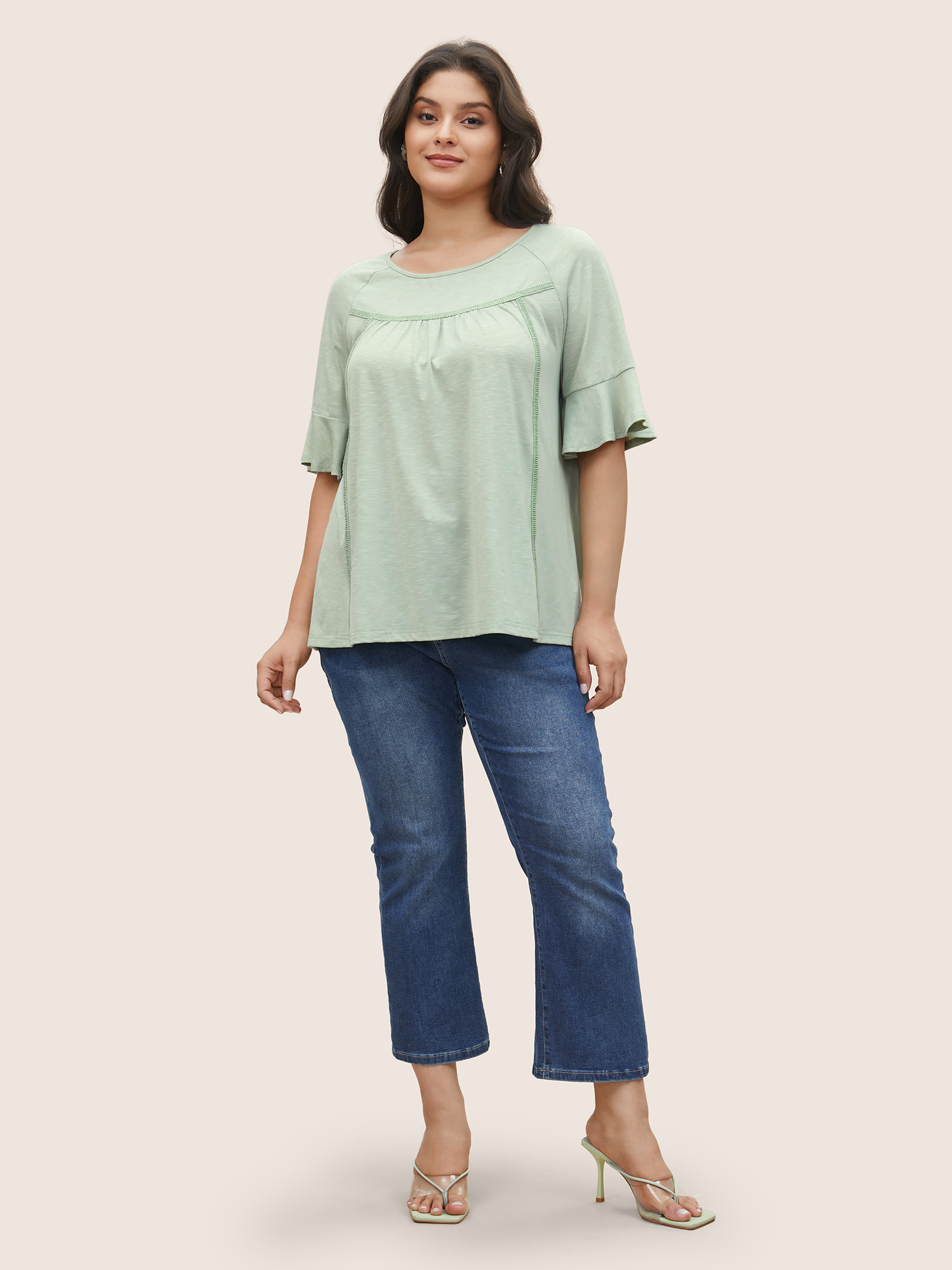 Plus Size Round Neck Plain Gathered Ruffles T-shirt LightGreen Women Elegant Gathered Round Neck Everyday T-shirts BloomChic 12/L 