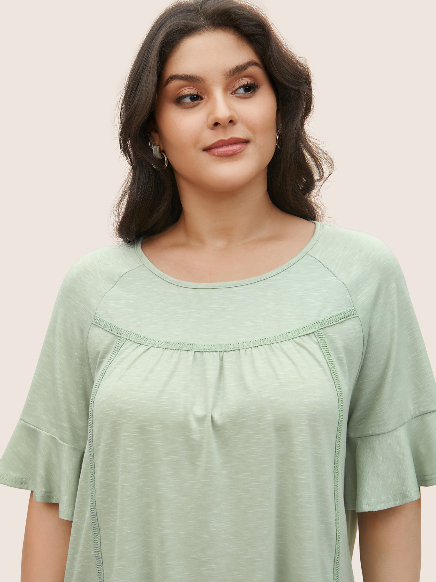 Plus Size Round Neck Plain Gathered Ruffles T-shirt LightGreen Women Elegant Gathered Round Neck Everyday T-shirts BloomChic 12/L 
