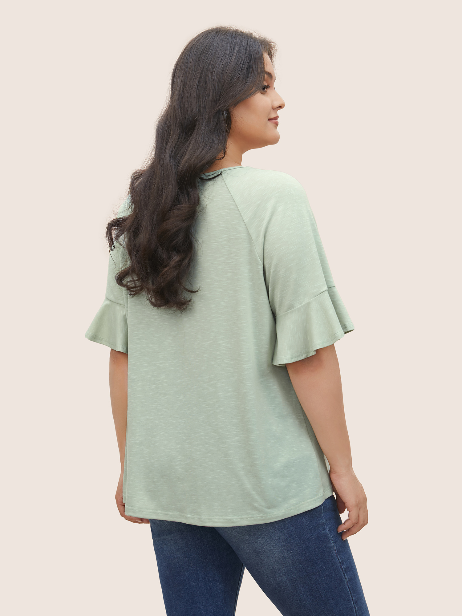 Plus Size Round Neck Plain Gathered Ruffles T-shirt LightGreen Women Elegant Gathered Round Neck Everyday T-shirts BloomChic 12/L 