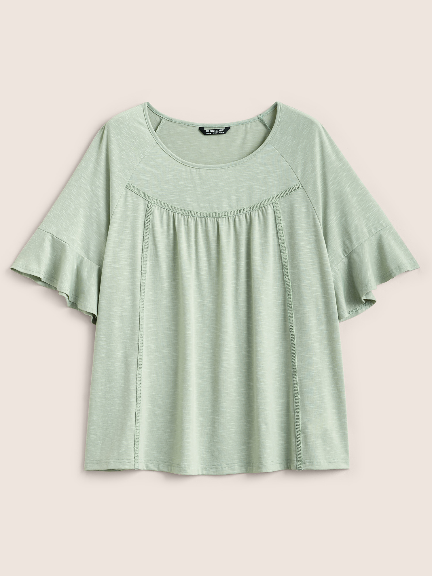 Plus Size Round Neck Plain Gathered Ruffles T-shirt LightGreen Women Elegant Gathered Round Neck Everyday T-shirts BloomChic 12/L 