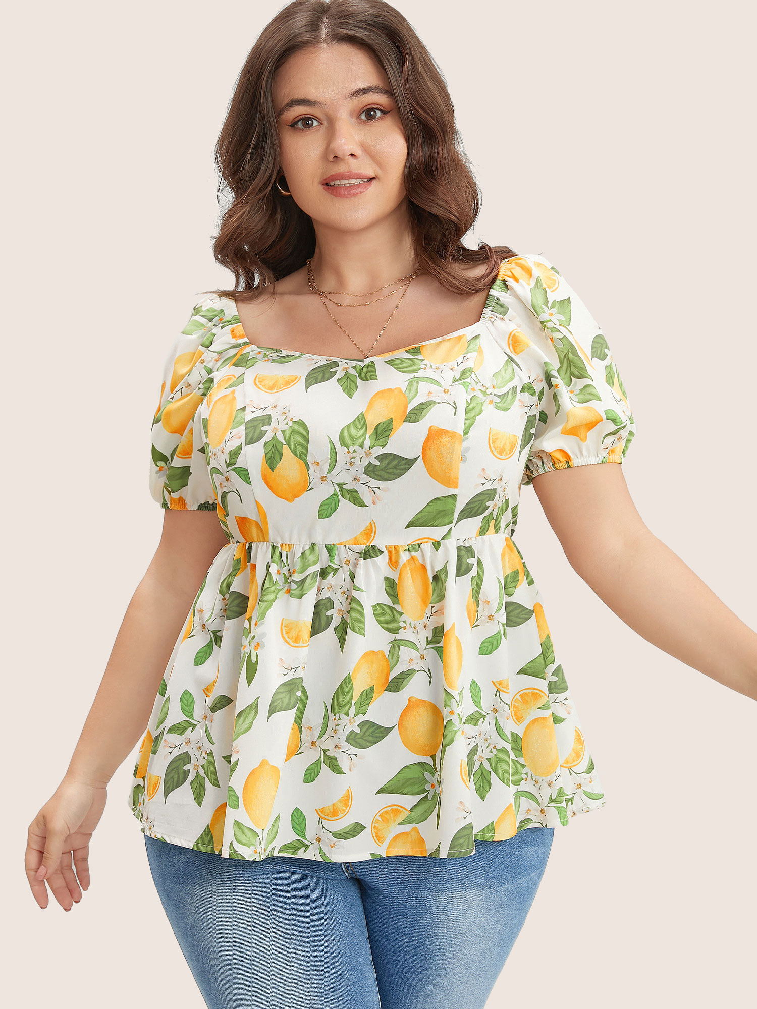 

Plus Size Yellow Citrus Orange & Floral Print Puff Sleeve Ruffles Blouse Women Vacation Short sleeve V-neck Dailywear Blouses BloomChic