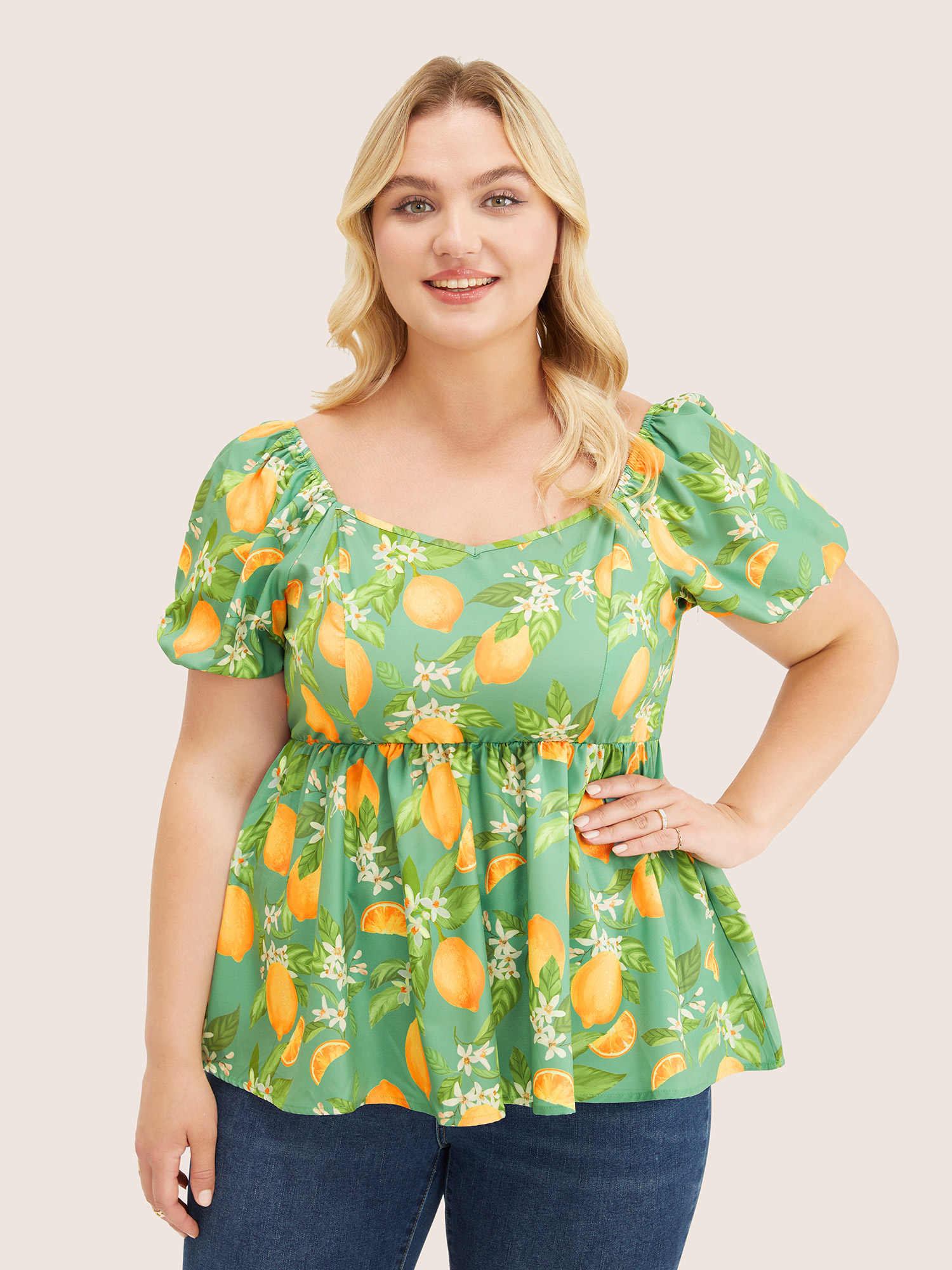 

Plus Size Mint Citrus Orange & Floral Print Puff Sleeve Ruffles Blouse Women Vacation Short sleeve V-neck Dailywear Blouses BloomChic