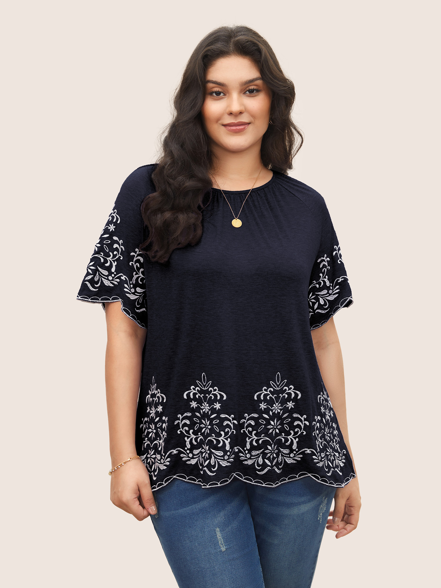 

Plus Size Embroidered Scalloped Trim Gathered T-shirt Midnight Women Elegant Embroidered Round Neck Everyday T-shirts BloomChic