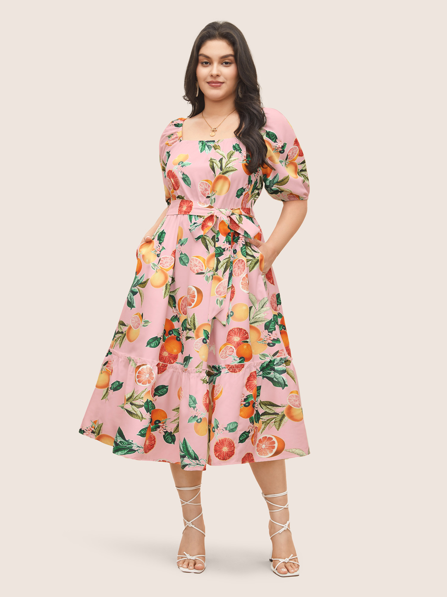 

Plus Size Citrus Orange Print Belted Frill Trim Gathered Dress Lightpink Women Elegant Non Non Sleeveless Curvy Midi Dress BloomChic