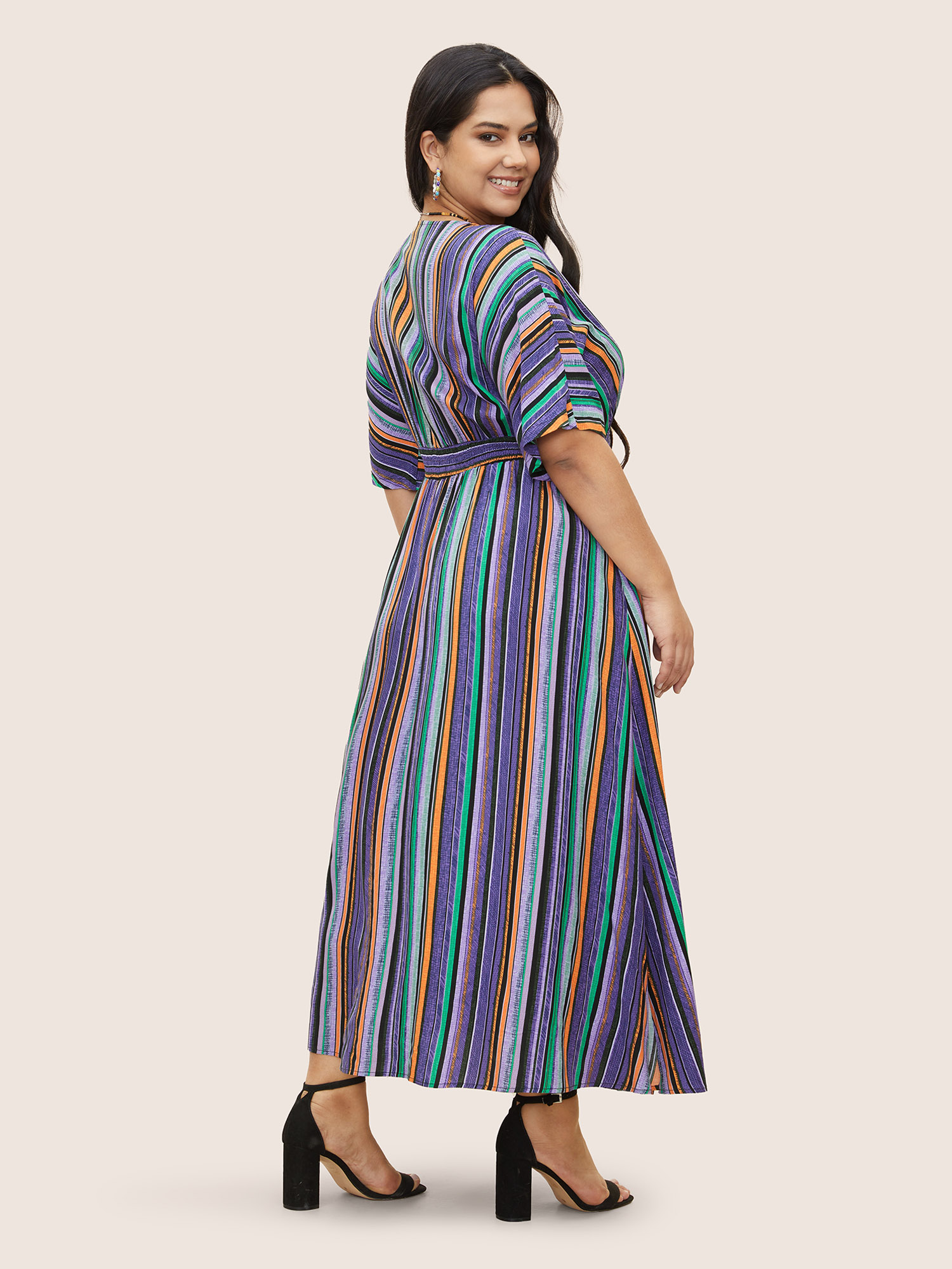 

Plus Size Striped Contrast Dolman Sleeve Shirred Pocket Split Flutter Dress Mauve Women Non V-neck Half Sleeve Curvy BloomChic