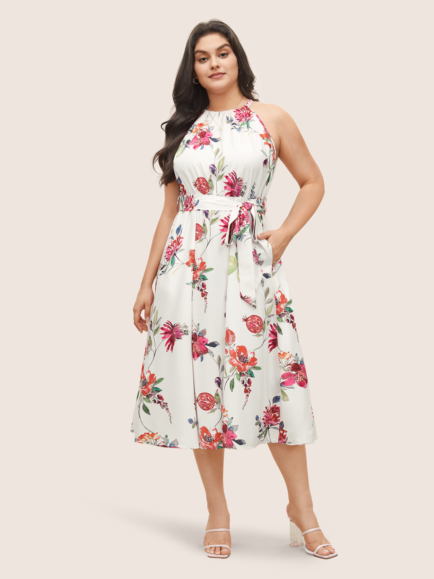 

Plus Size Citrus Fruit Print Halter Belted Gathered Dress Originalwhite Women Elegant Non Halter neck Sleeveless Curvy Midi Dress BloomChic