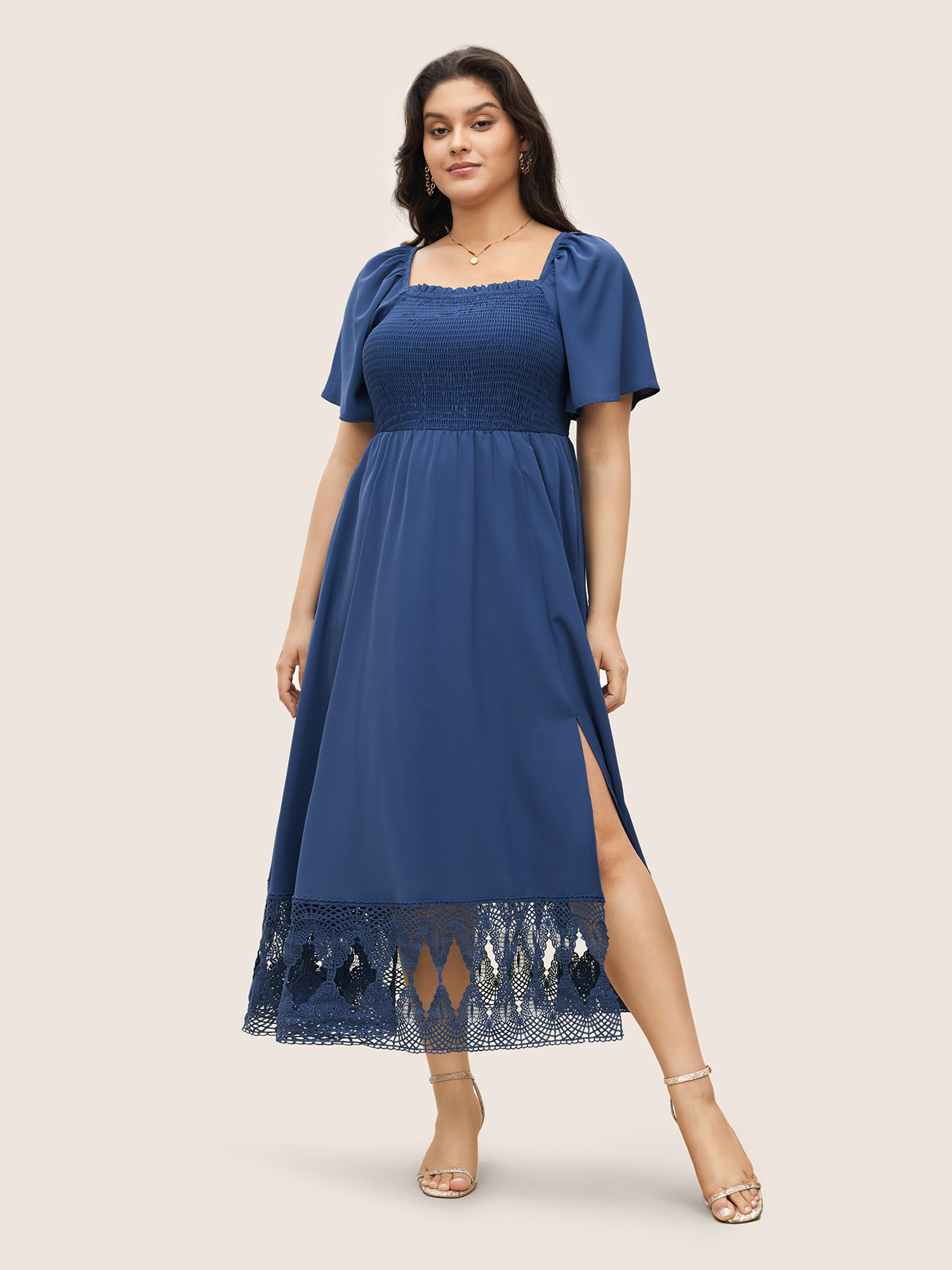 

Plus Size Square Neck Shirred Lace Trim Slit Hem Dress DarkBlue Women Elegant Woven ribbon&lace trim Square Neck Short sleeve Curvy BloomChic