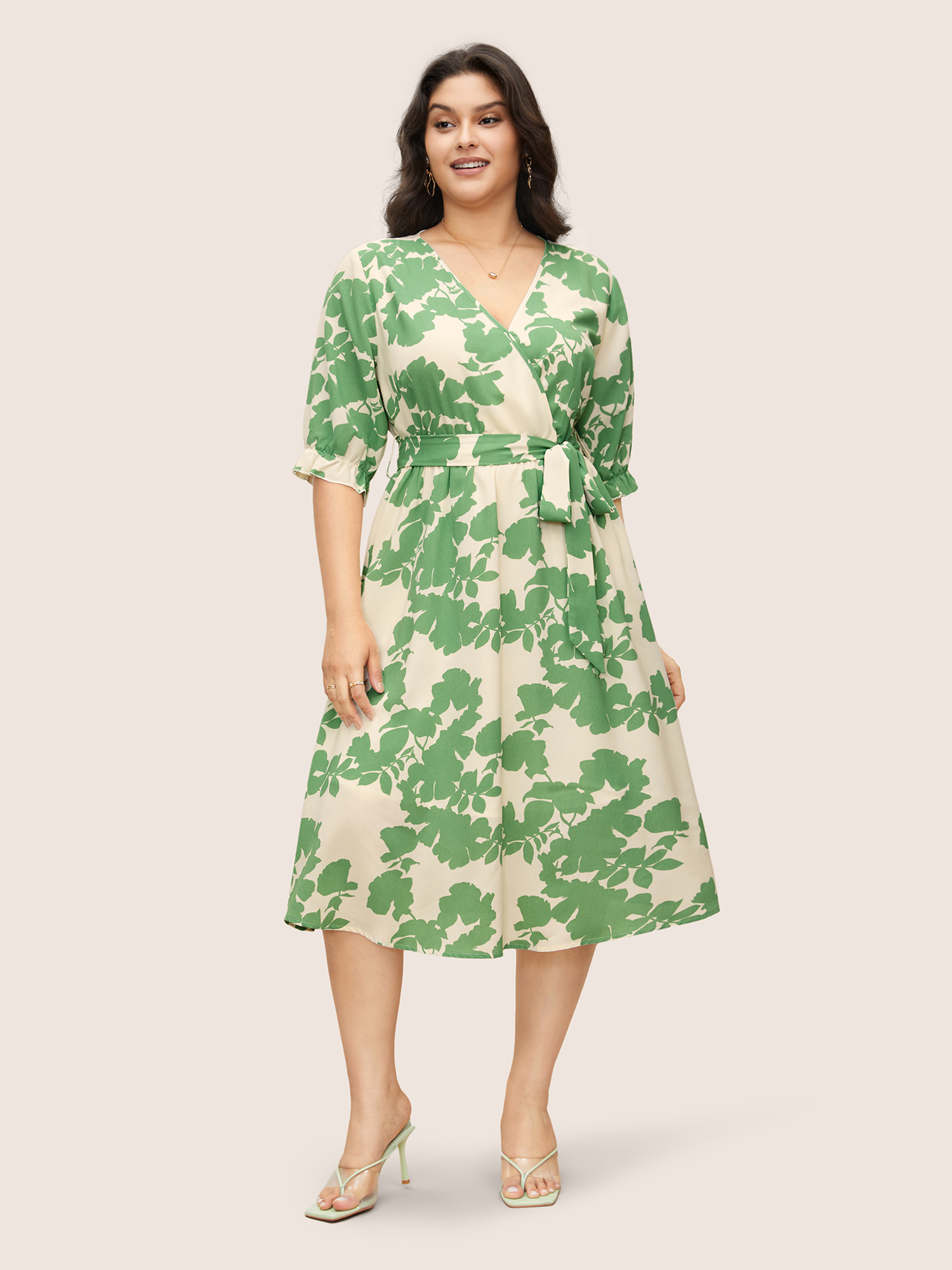 

Plus Size Silhouette Floral Print Overlap Collar Lantern Sleeve Dress Mint Women Elegant Overlapping Overlap Collar Elbow-length sleeve Curvy Midi Dress BloomChic