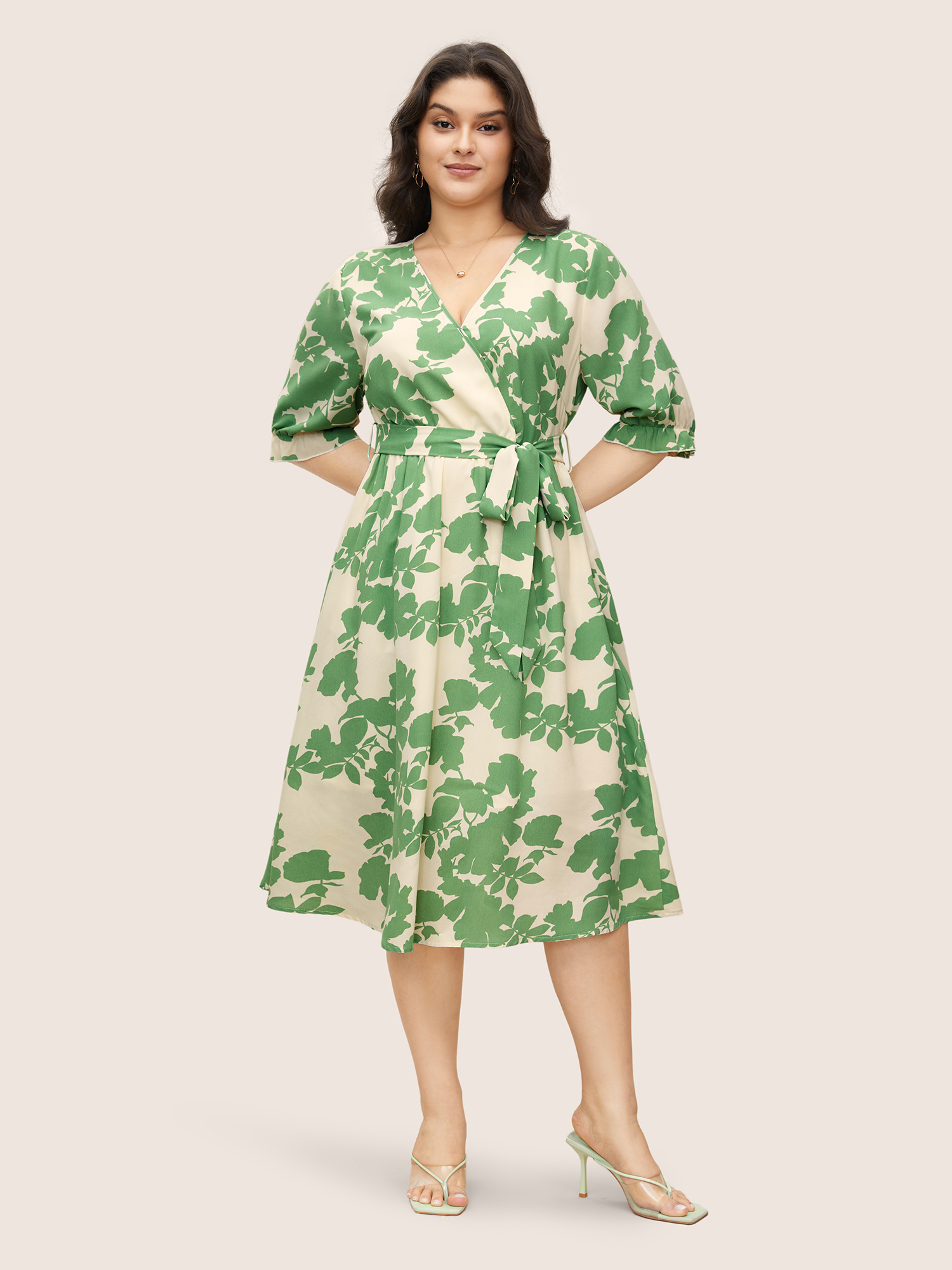 

Plus Size Silhouette Floral Print Overlap Collar Lantern Sleeve Dress Mint Women Overlapping Curvy Midi Dress BloomChic