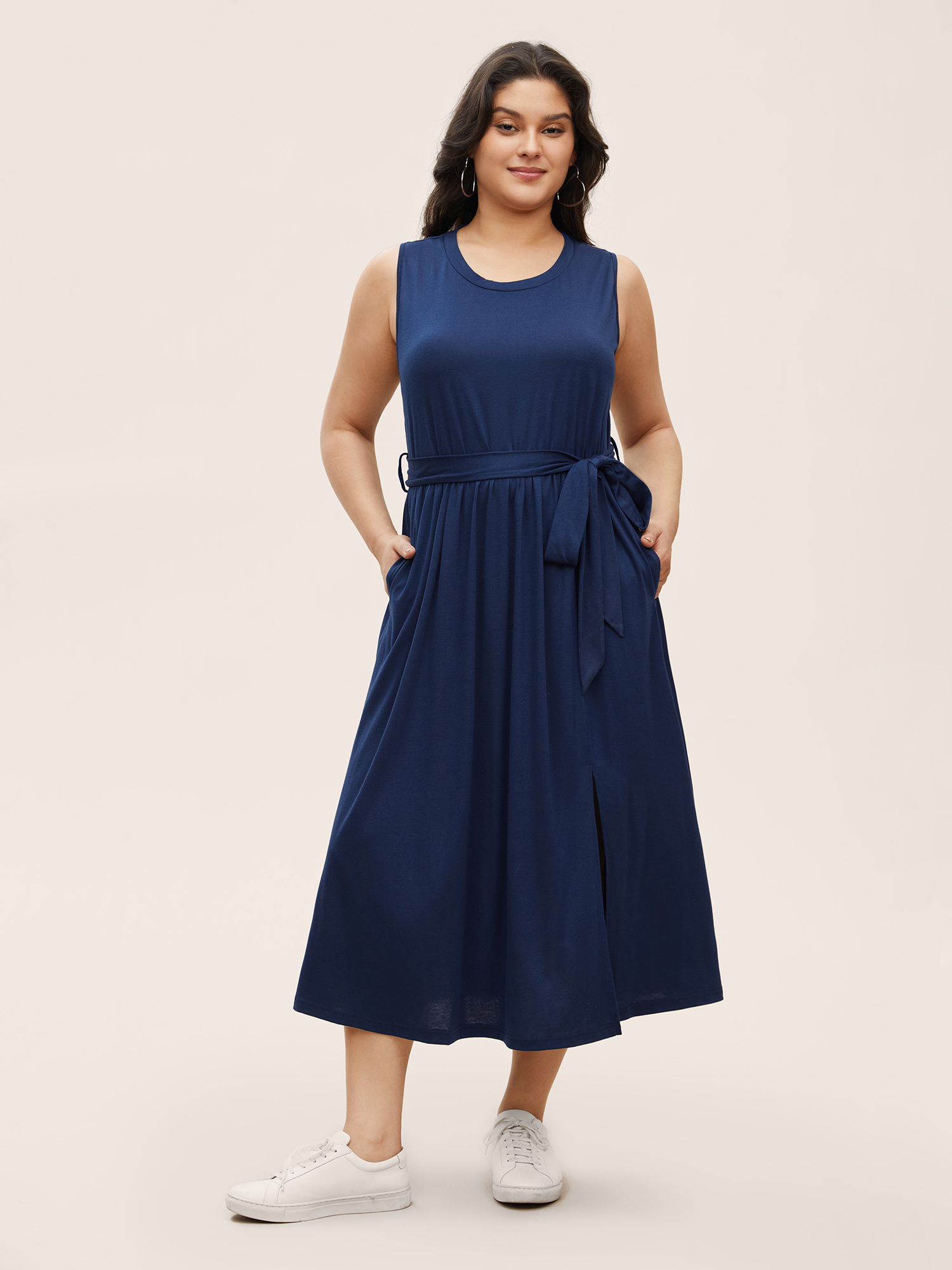 

Plus Size Solid Slit Hem Sleeveless Belted Dress DarkBlue Women Casual Belted Round Neck Sleeveless Curvy BloomChic