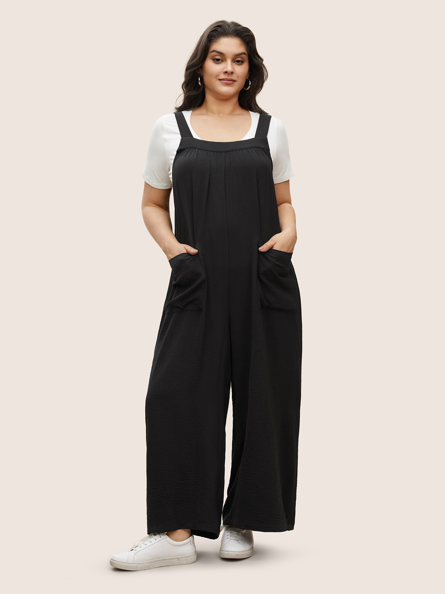 

Plus Size Black Plain Pleated Wide Leg Jumpsuit Women Casual Sleeveless Square Neck Everyday Loose Jumpsuits BloomChic