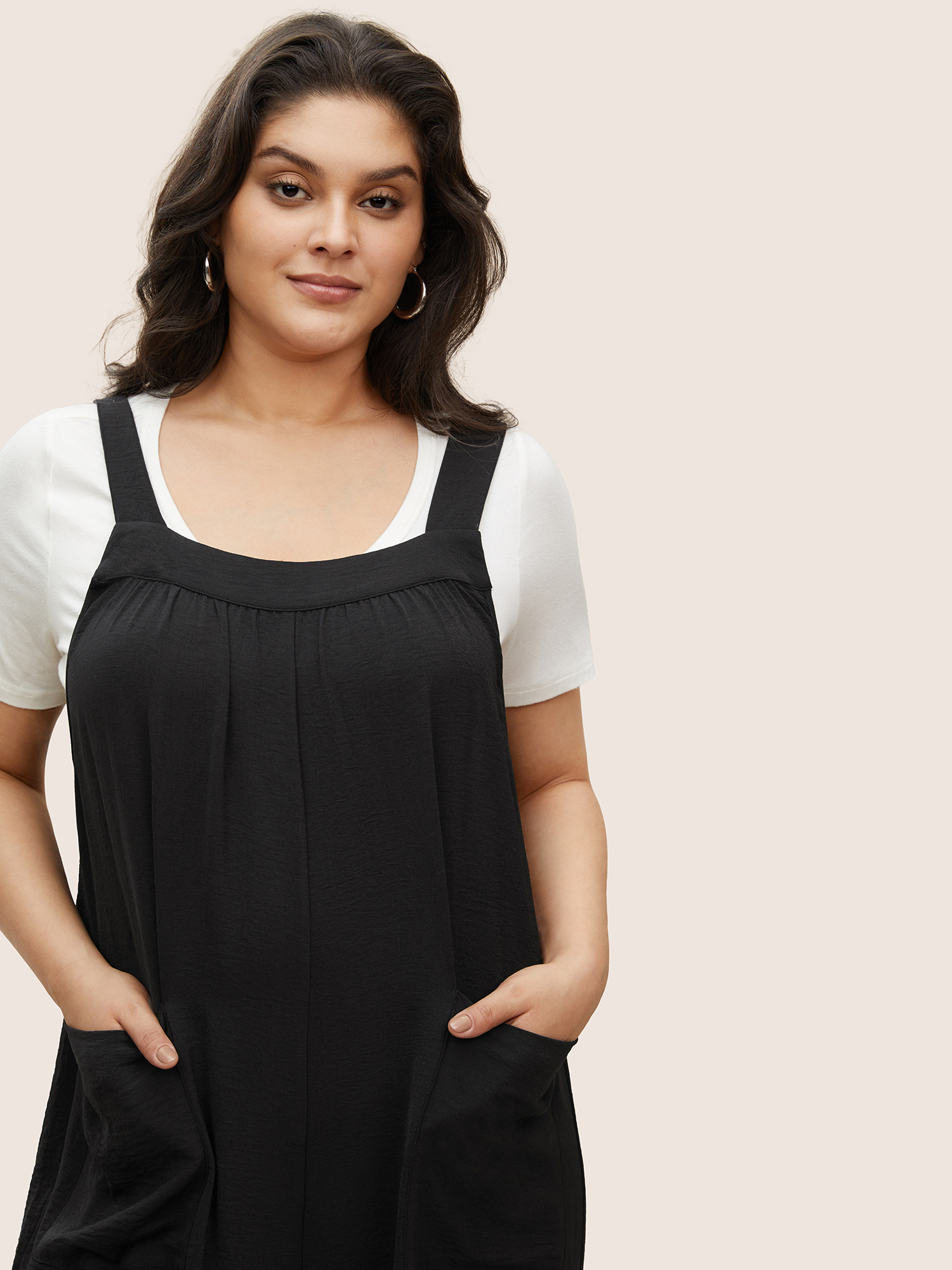 Plus Size Black Plain Pleated Wide Leg Jumpsuit Women Casual Sleeveless Square Neck Everyday Loose Jumpsuits BloomChic 28/5X 