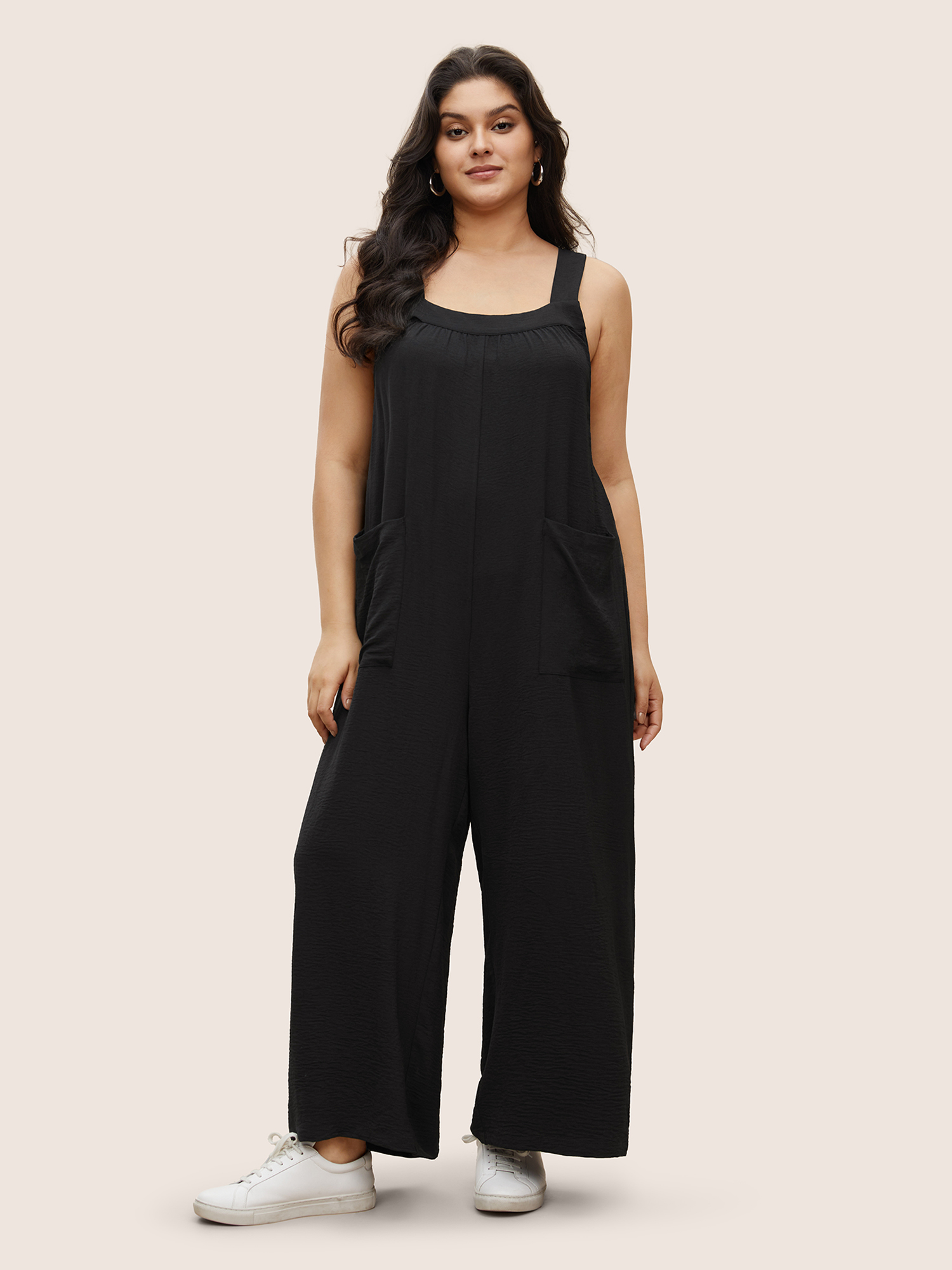 Plus Size Black Plain Pleated Wide Leg Jumpsuit Women Casual Sleeveless Square Neck Everyday Loose Jumpsuits BloomChic 28/5X 
