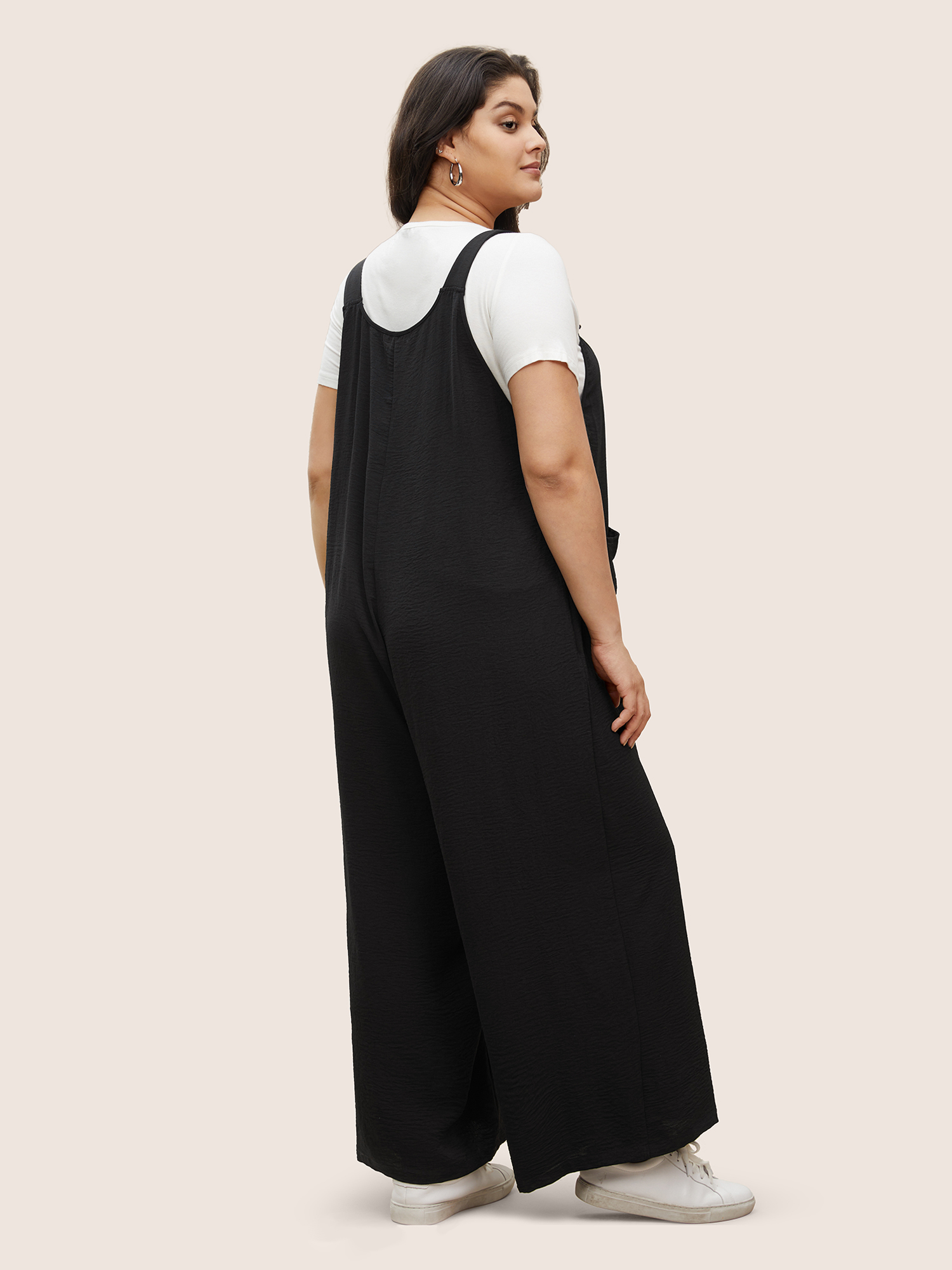 Plus Size Black Plain Pleated Wide Leg Jumpsuit Women Casual Sleeveless Square Neck Everyday Loose Jumpsuits BloomChic 28/5X 