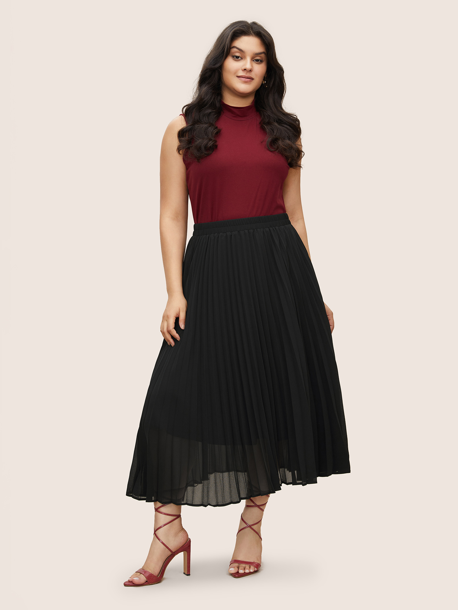 Plus Size Solid Pleated Elastic Waist Mesh Skirt Women Black Elegant Pleated No stretch Everyday Skirts BloomChic 18-20/2X 