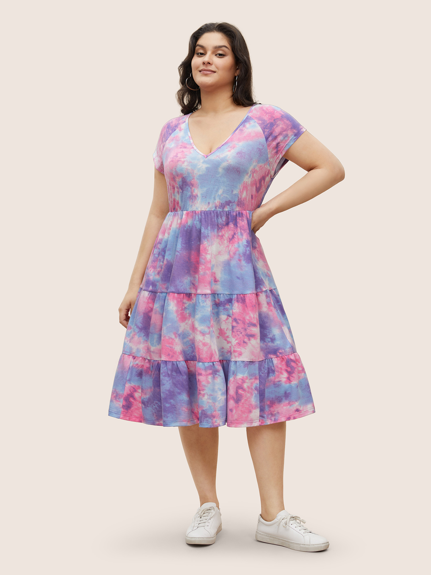 

Plus Size Tie Dye Raglan Sleeve Patchwork Gathered Dress Multicolor Women Casual Gathered V-neck Cap Sleeve Curvy Midi Dress BloomChic