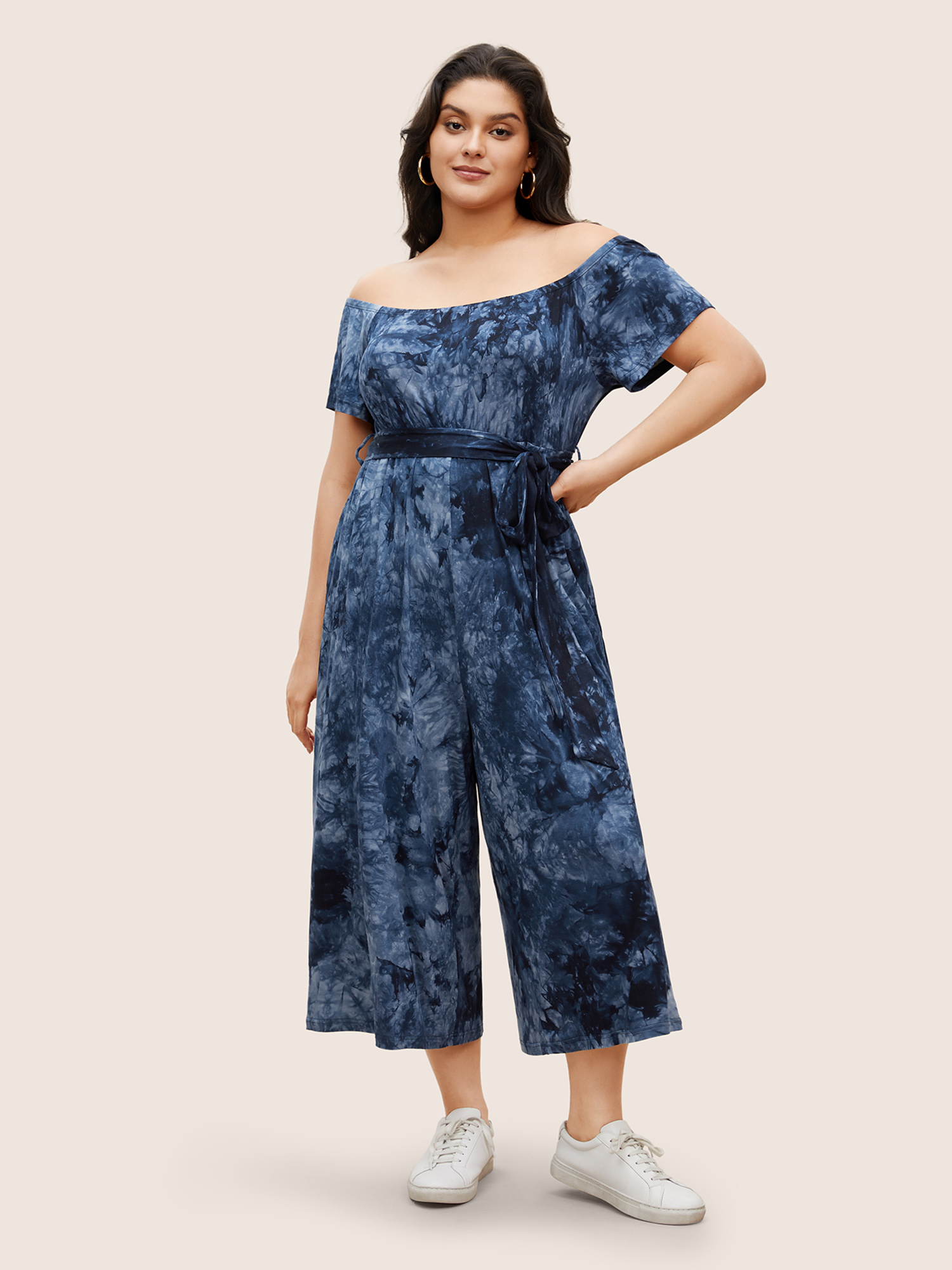 Plus Size Navy Tie Dye One Shoulder Neck Belted Jumpsuit Women Casual Everyday Loose Jumpsuits BloomChic 28/5X 