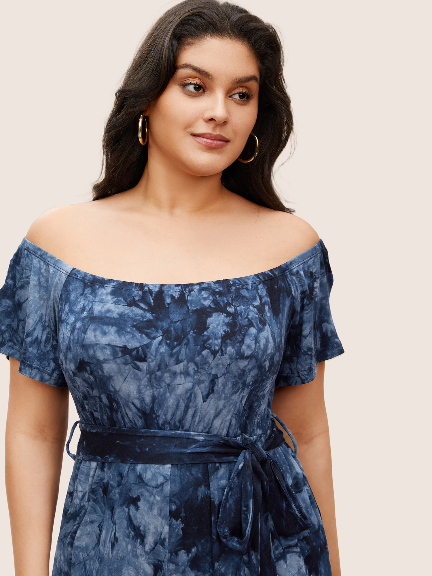 Plus Size Navy Tie Dye One Shoulder Neck Belted Jumpsuit Women Casual Everyday Loose Jumpsuits BloomChic 28/5X 