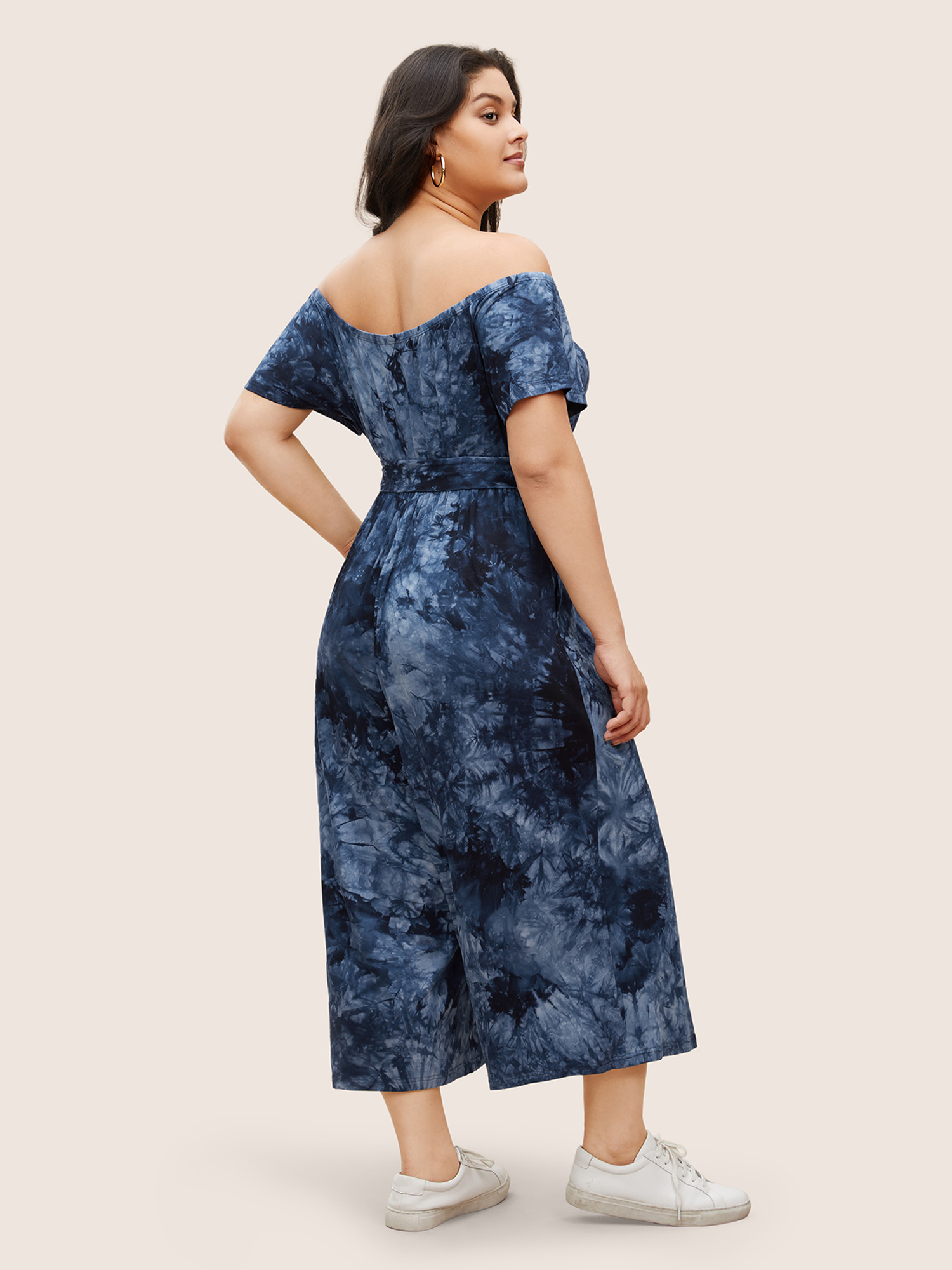 Plus Size Navy Tie Dye One Shoulder Neck Belted Jumpsuit Women Casual Everyday Loose Jumpsuits BloomChic 28/5X 