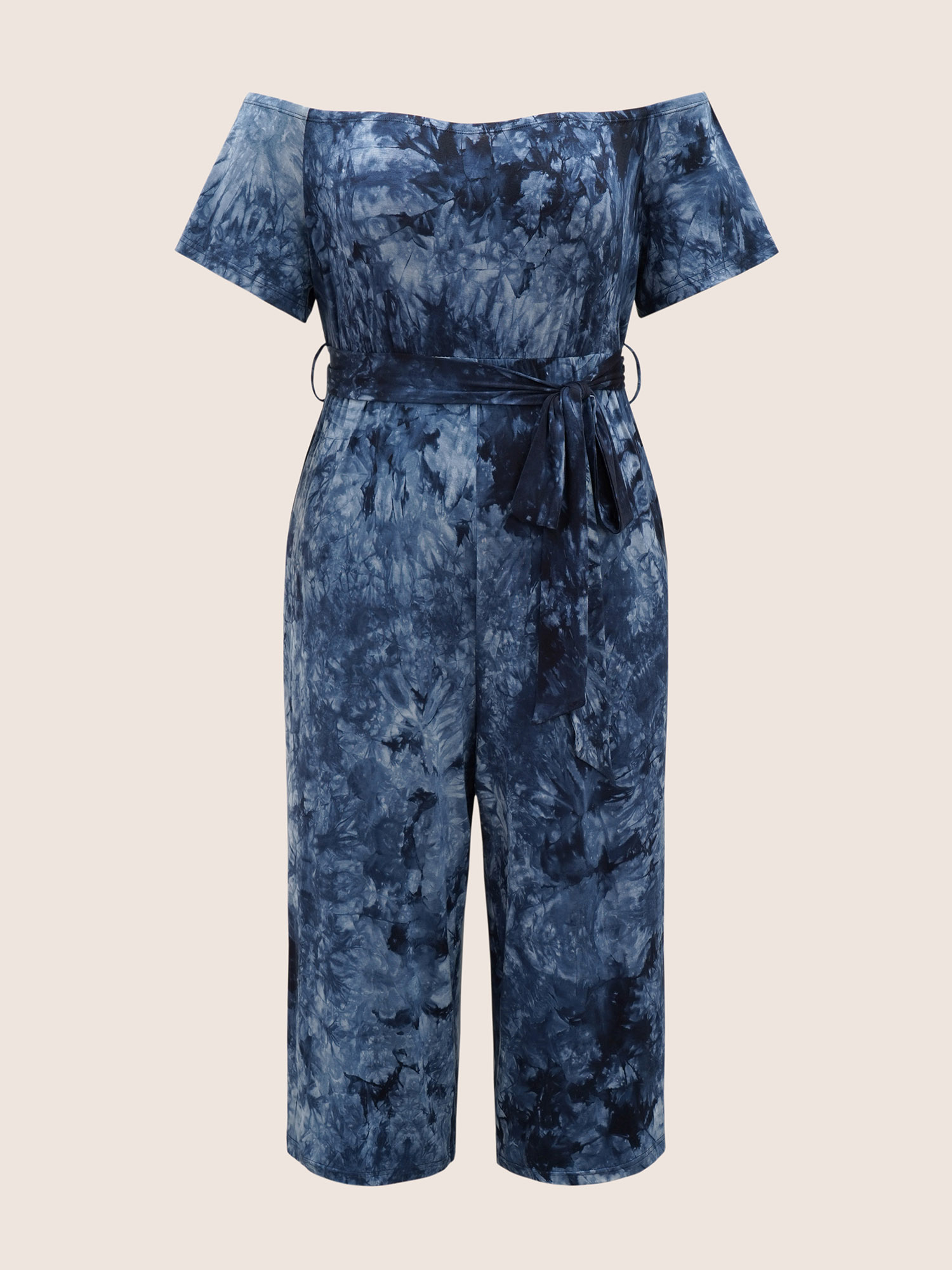 

Plus Size Navy Tie Dye One Shoulder Neck Belted Jumpsuit Women Casual Short sleeve One-shoulder neck Everyday Loose Jumpsuits BloomChic