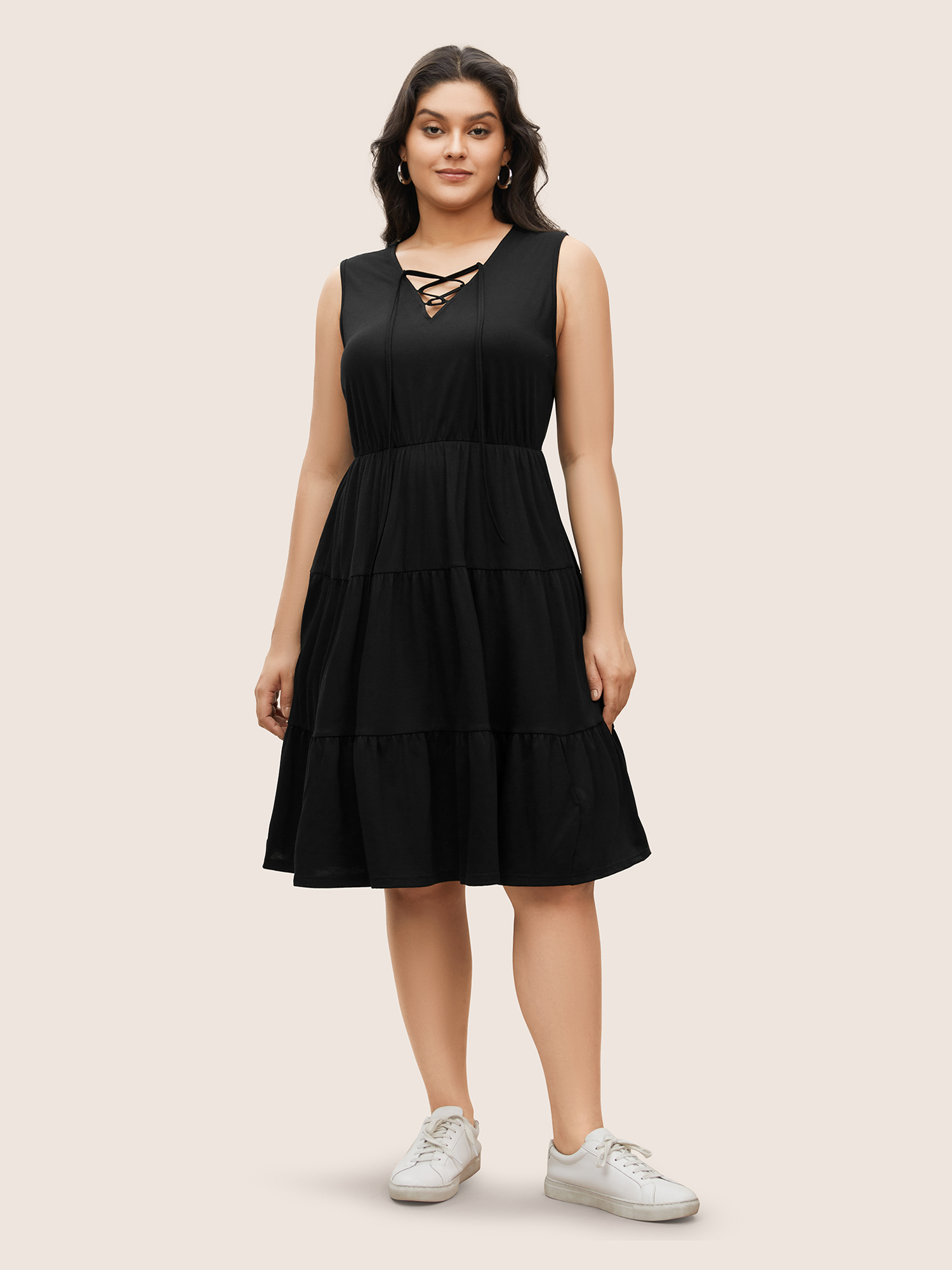 

Plus Size Solid Ruffle Layered Hem Lace Up Dress Black Women Casual Tie knot V-neck Sleeveless Curvy Midi Dress BloomChic