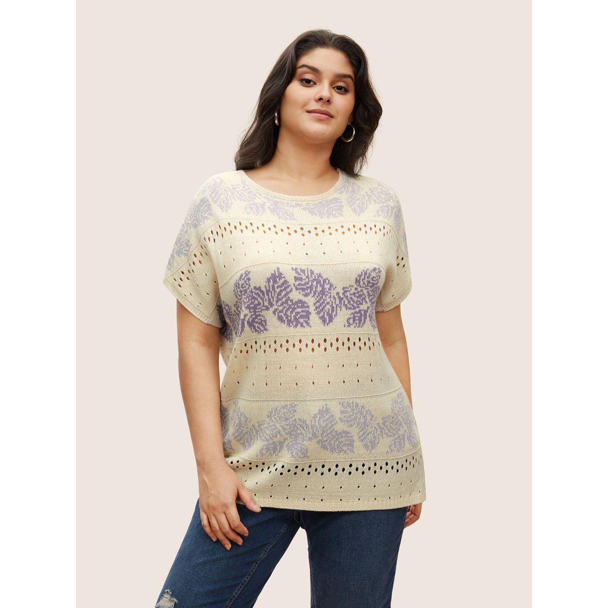 

Leaves Print Dolman Sleeve Cut Out Sweater T-shirt Plus Size Beige Women Contrast Round Neck Cap Sleeve  Bloomchic