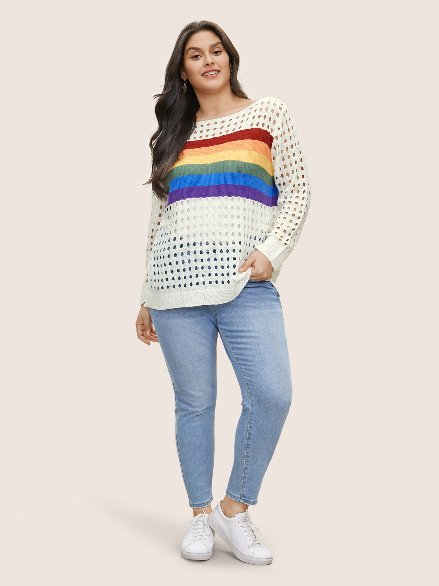 Plus Size Contrast Striped Boat Neck Cut Out Sweater T-shirt White Long Sleeve Boat Neck Resort Knit Tops 12/L Bloomchic 
