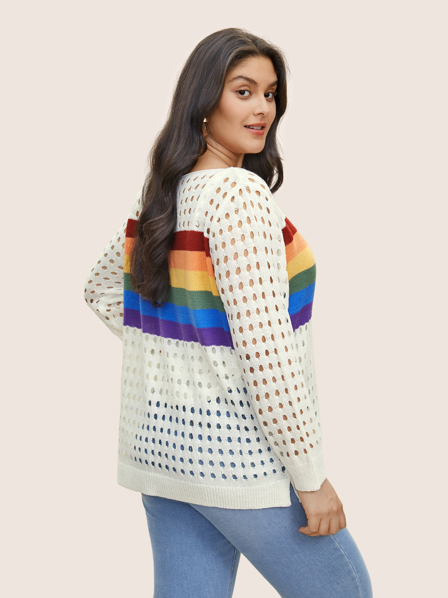 Plus Size Contrast Striped Boat Neck Cut Out Sweater T-shirt White Long Sleeve Boat Neck Resort Knit Tops 12/L Bloomchic 