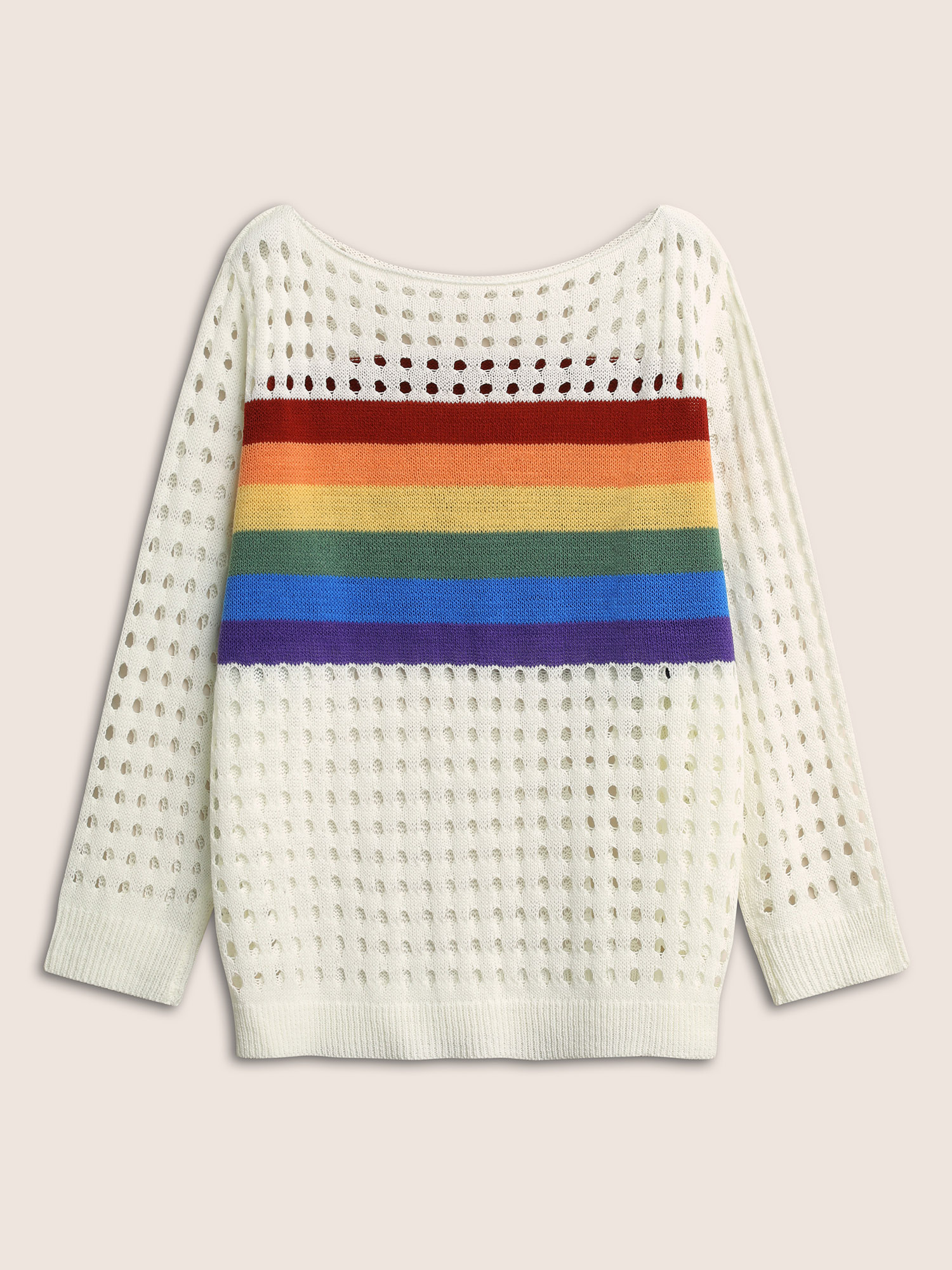 Plus Size Contrast Striped Boat Neck Cut Out Sweater T-shirt White Long Sleeve Boat Neck Resort Knit Tops 12/L Bloomchic 