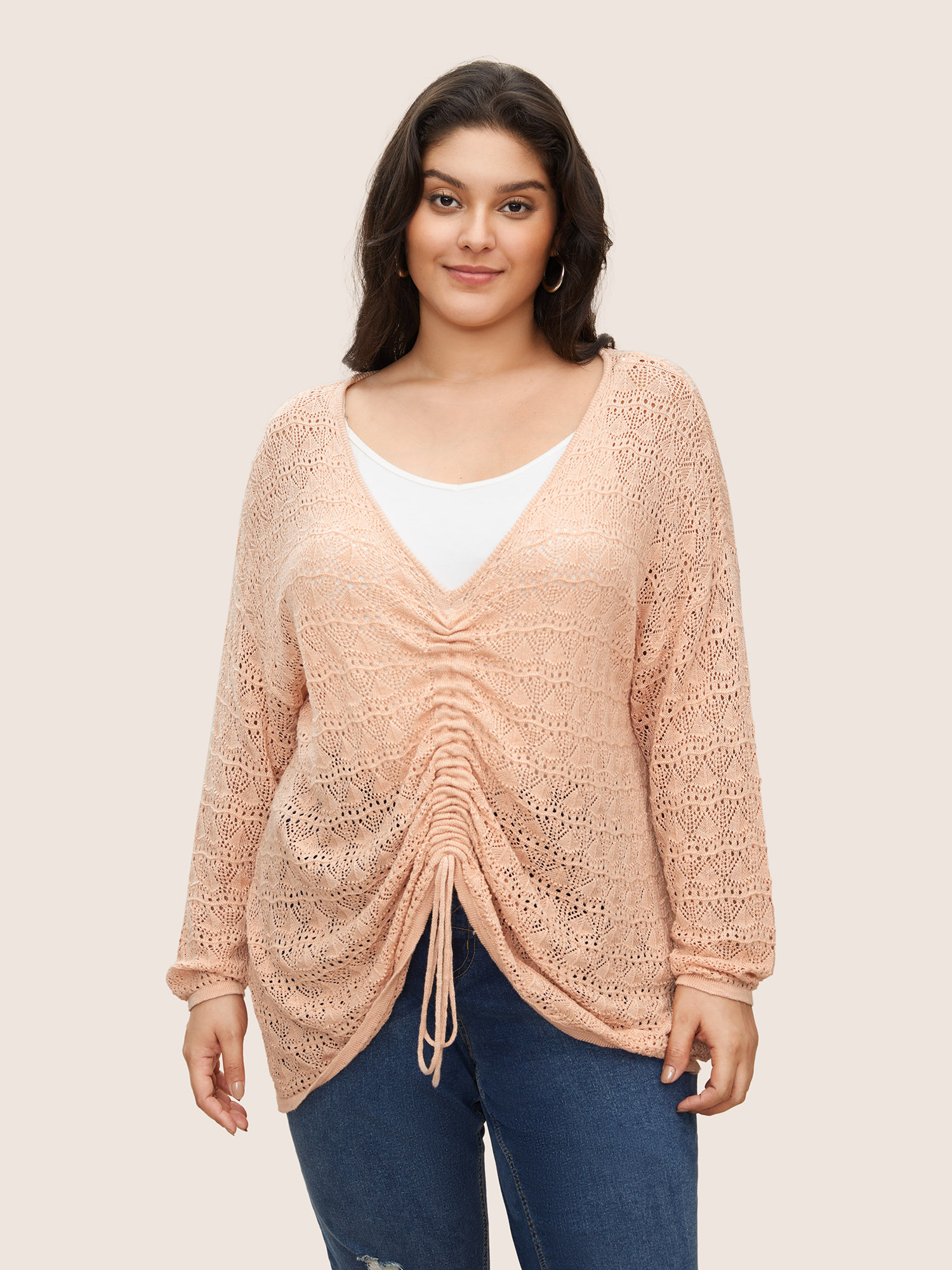 

Plus Size Texture Tie Knot Drop Shoulder Sleeve Sweater T-shirt Coral Long Sleeve Deep V-neck Casual Knit Tops  Bloomchic