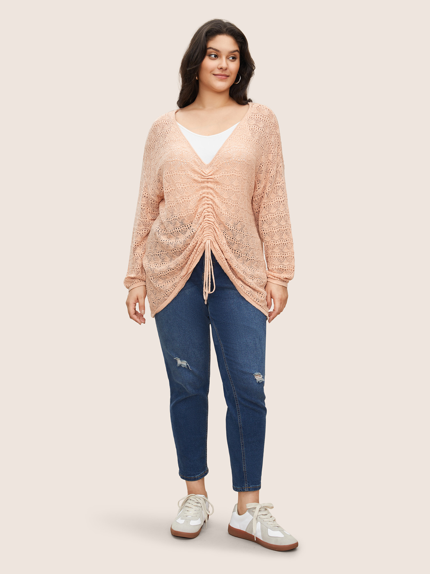 Plus Size Texture Tie Knot Drop Shoulder Sleeve Sweater T-shirt Coral Long Sleeve Deep V-neck Casual Knit Tops 28/5X Bloomchic 