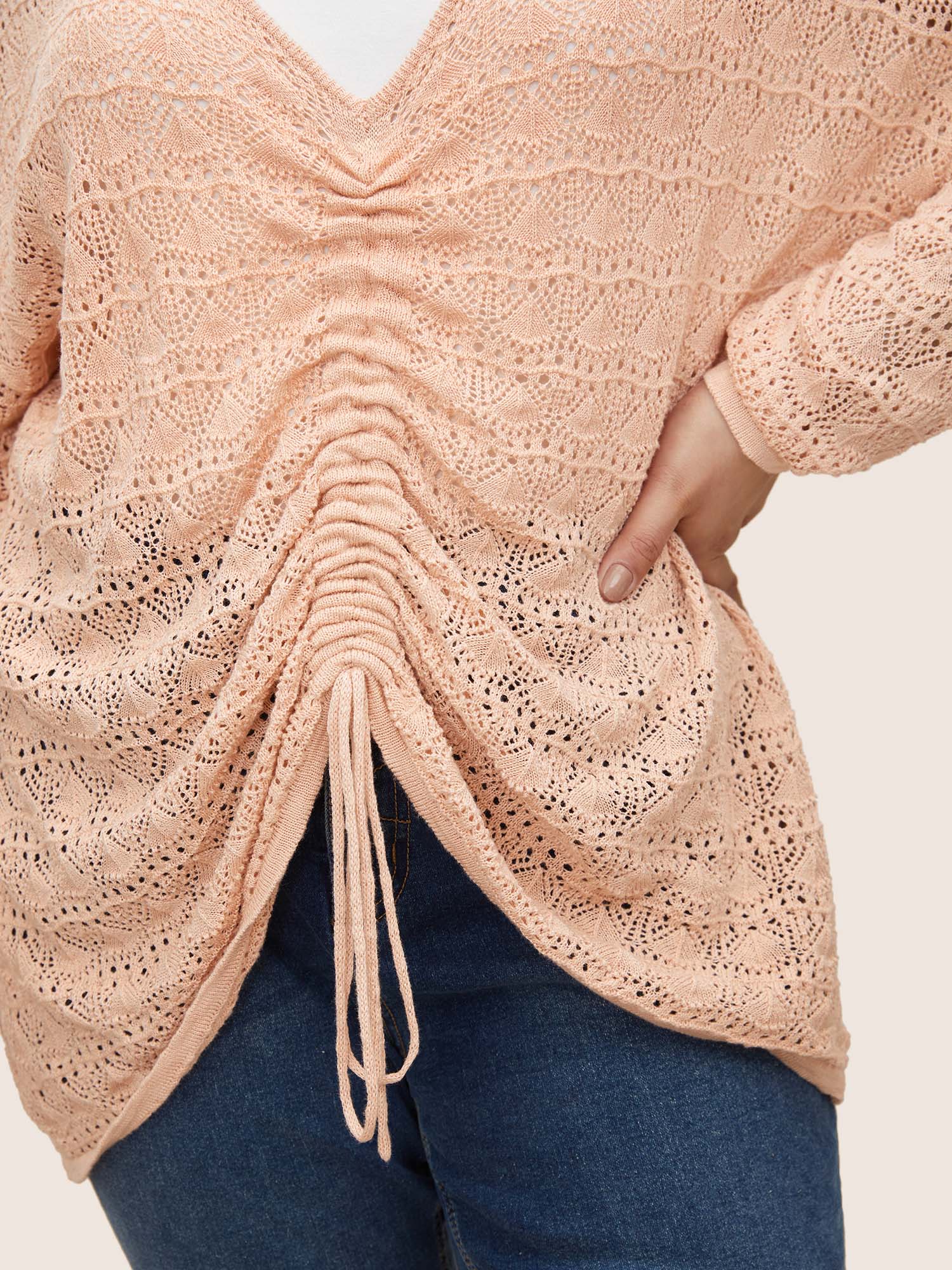 Plus Size Texture Tie Knot Drop Shoulder Sleeve Sweater T-shirt Coral Long Sleeve Deep V-neck Casual Knit Tops 28/5X Bloomchic 