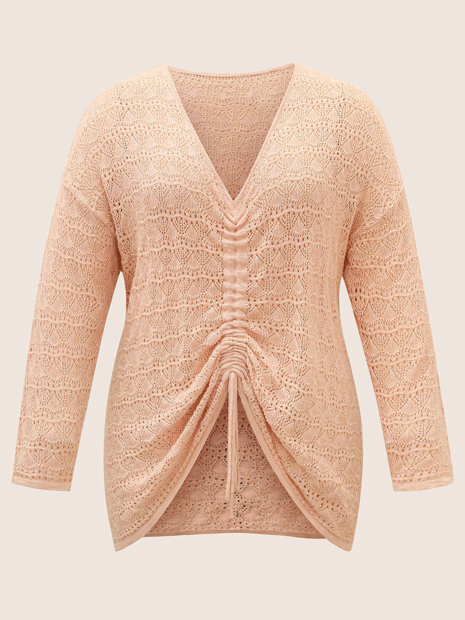 Plus Size Texture Tie Knot Drop Shoulder Sleeve Sweater T-shirt Coral Long Sleeve Deep V-neck Casual Knit Tops 28/5X Bloomchic 