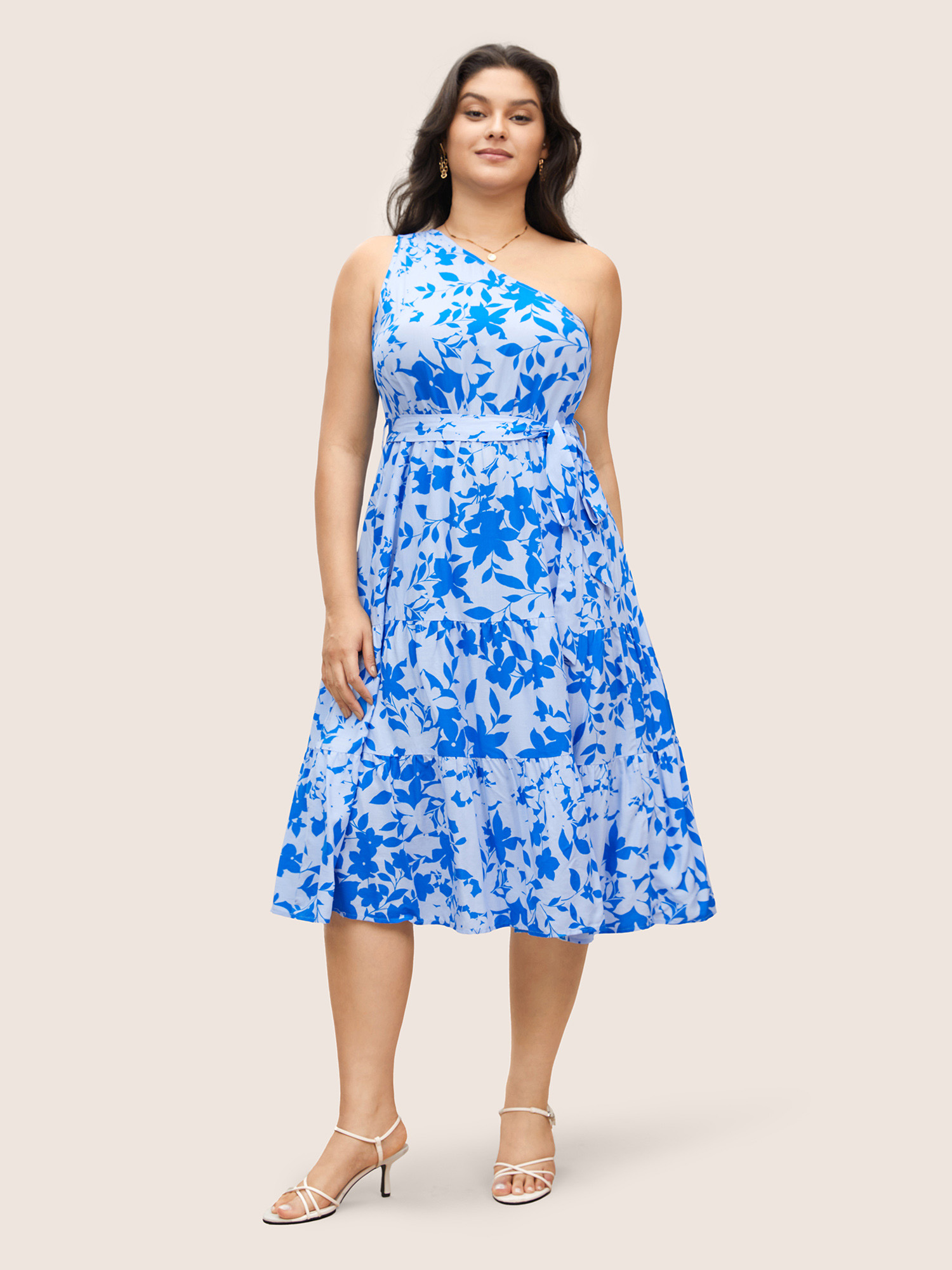 

Plus Size Silhouette Floral Print One Shoulder Belted Dress Blue Women Elegant Belted Asymmetrical Neck Long Sleeve Curvy Midi Dress BloomChic