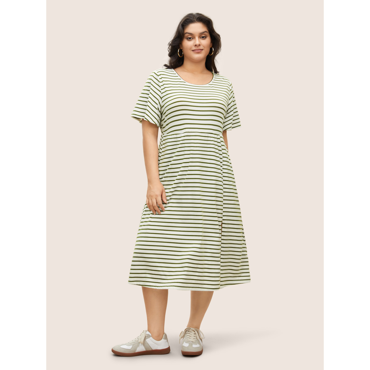 

Plus Size Stripes Round Neck Split Side Pocket Dress Moss Women Slit Curvy Midi Dress BloomChic