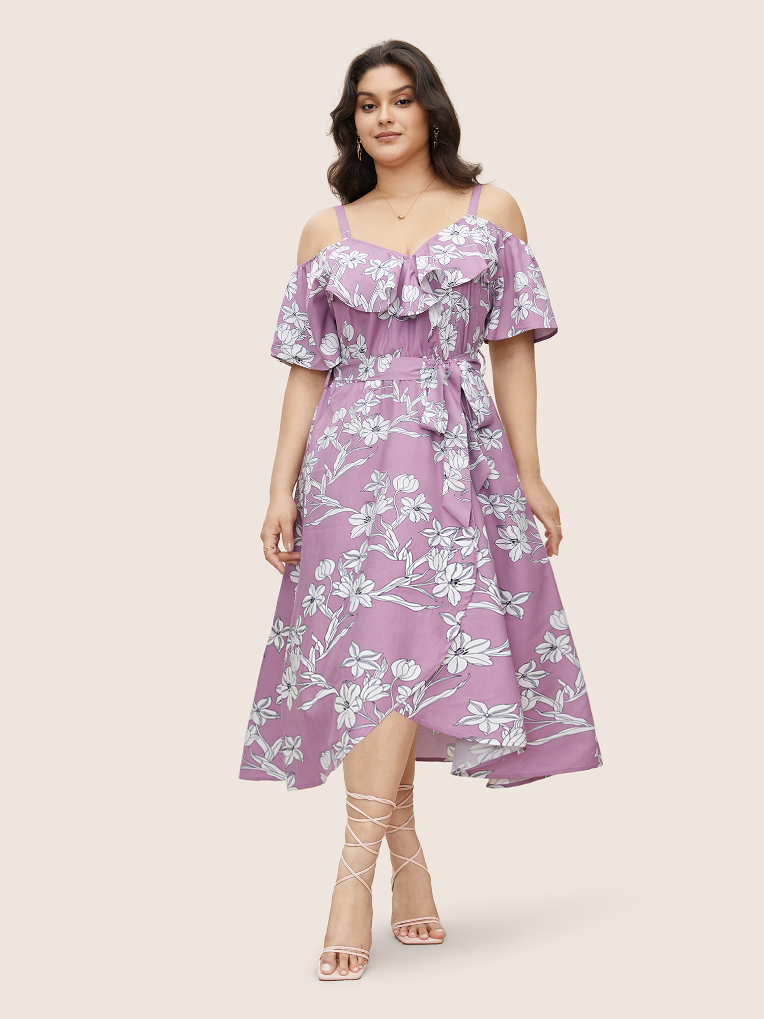 

Plus Size Floral Ruffles Asymmetrical Hem Belted Gathered Dress Lilac Women Elegant Gathered Non Short sleeve Curvy Midi Dress BloomChic