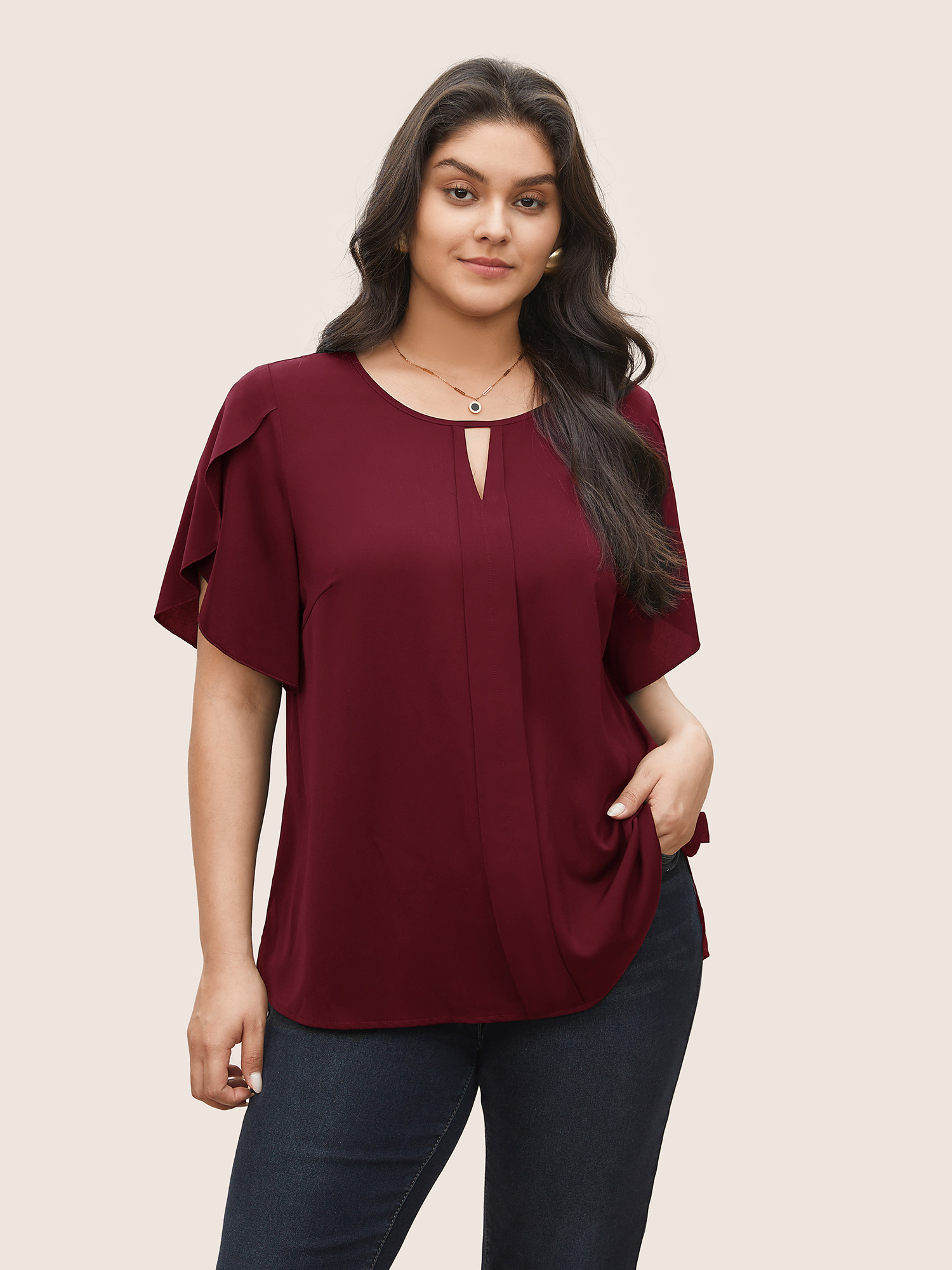 

Plus Size Scarlet Solid Keyhole Petal Sleeve Pleated Blouse Women Work From Home Short sleeve Notched collar Work Blouses BloomChic