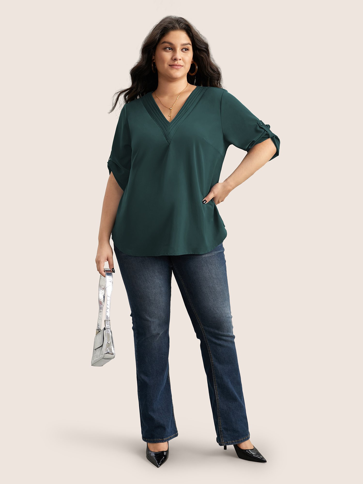 Plus Size Cyan Anti-Wrinkle Plain Pleated Tab Sleeve Blouse Women At the Office Elbow-length sleeve V-neck Work Blouses BloomChic 12/L 