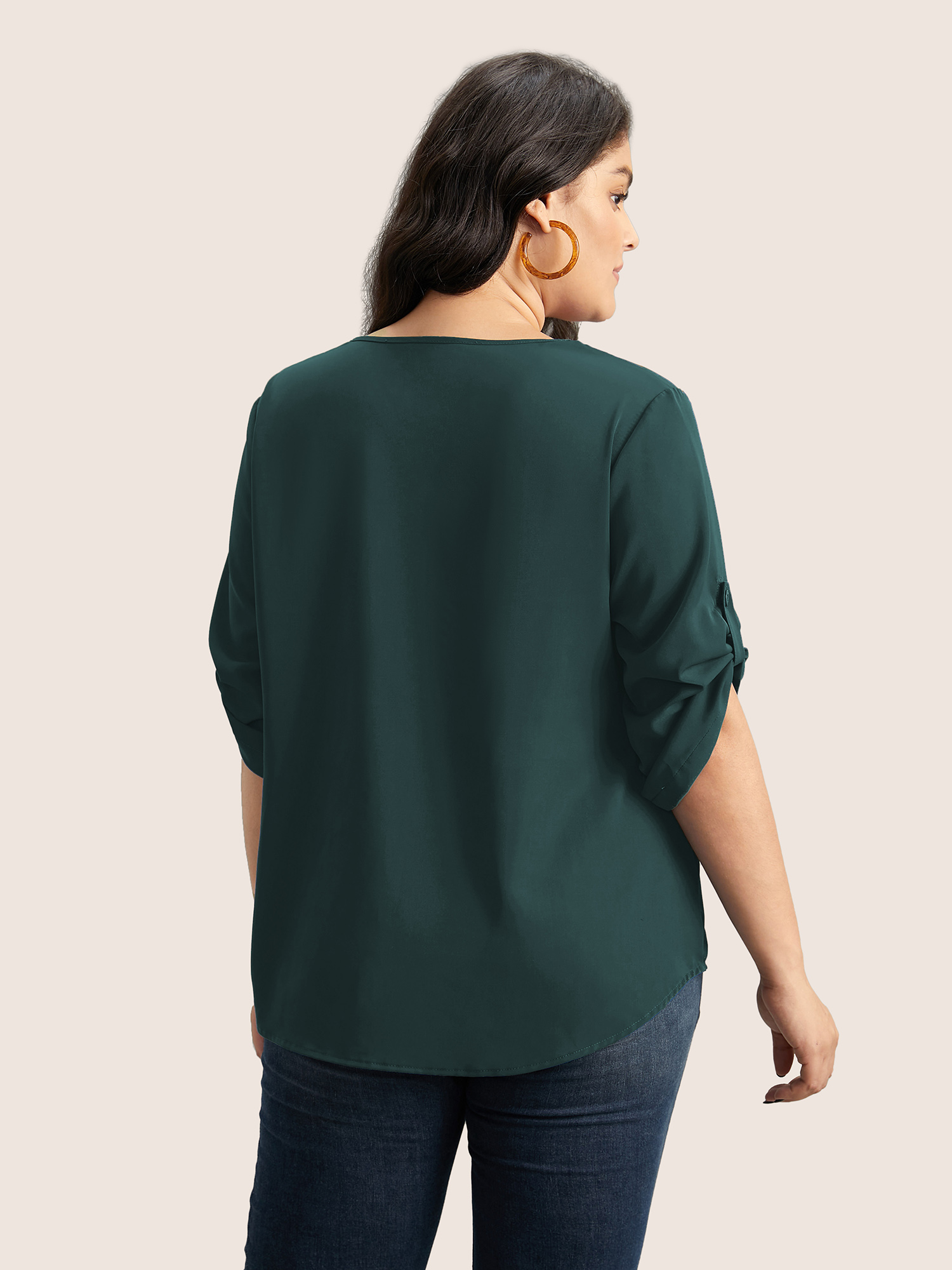 Plus Size Cyan Anti-Wrinkle Plain Pleated Tab Sleeve Blouse Women At the Office Elbow-length sleeve V-neck Work Blouses BloomChic 12/L 