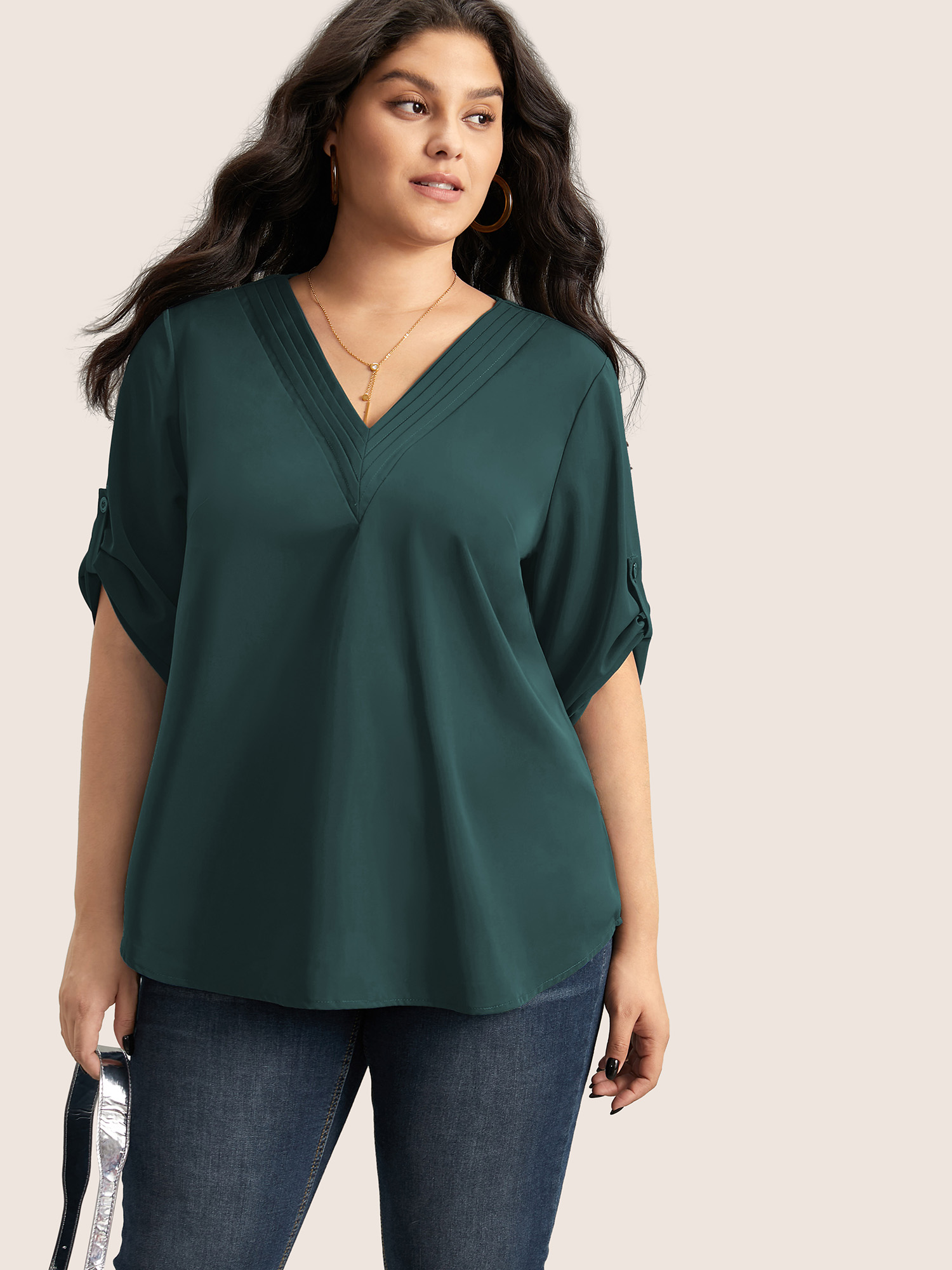 

Plus Size Cyan V Neck Plain Pleated Tab Sleeve Blouse Women At the Office Elbow-length sleeve V-neck Work Blouses BloomChic