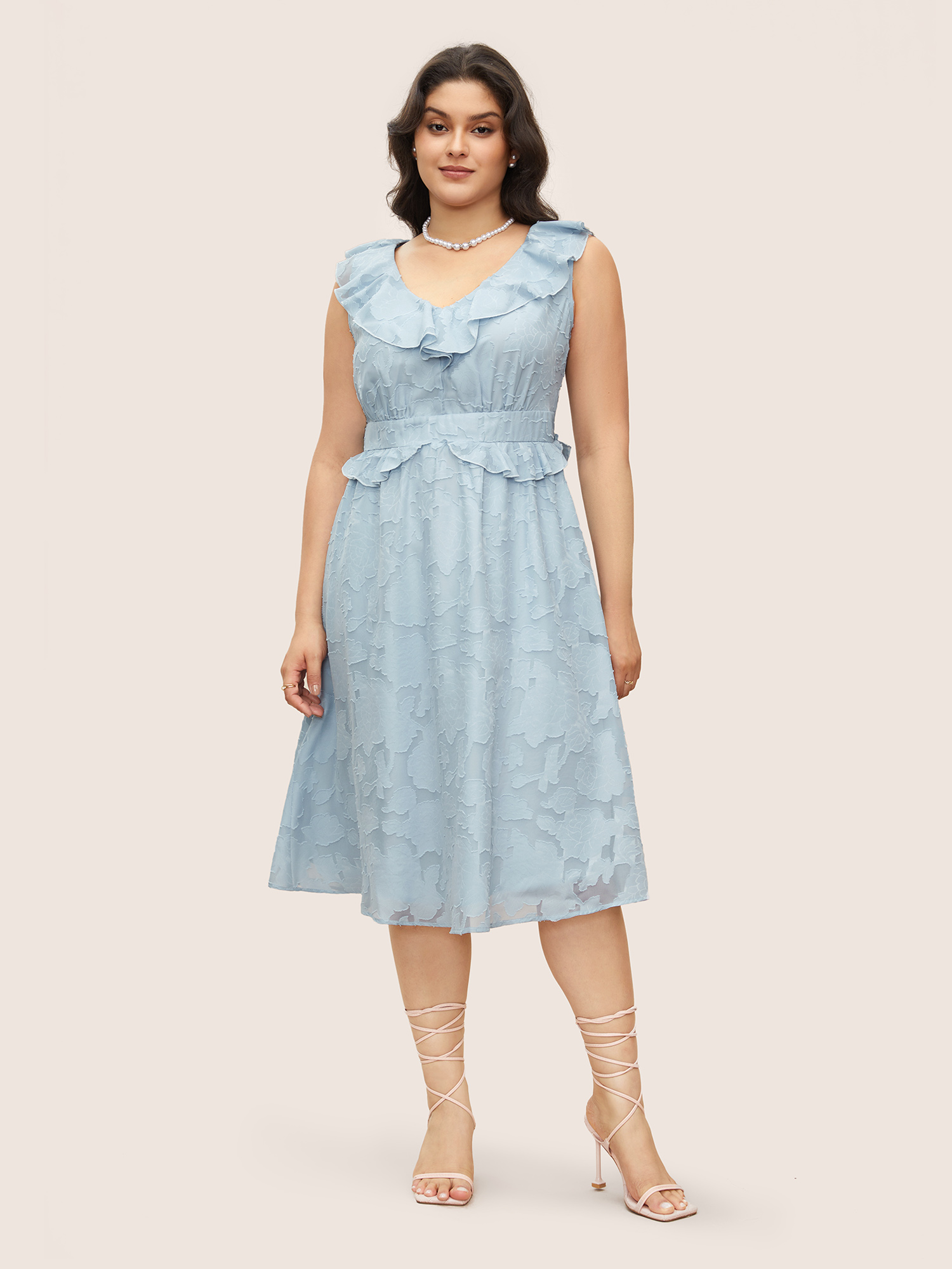 

Plus Size Plisse Ruffle Trim Gathered Sleeveless Dress LightBlue Women Elegant Texture V-neck Sleeveless Curvy BloomChic