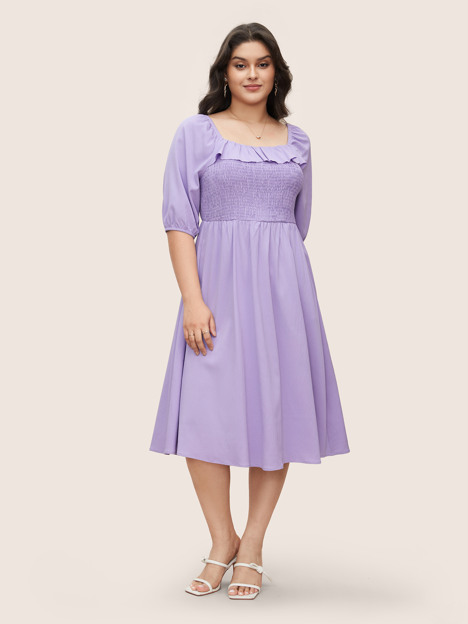 

Plus Size Square Neck Solid Ruffle Trim Shirred Dress Lavender Women Elegant Shirred Square Neck Half Sleeve Curvy BloomChic